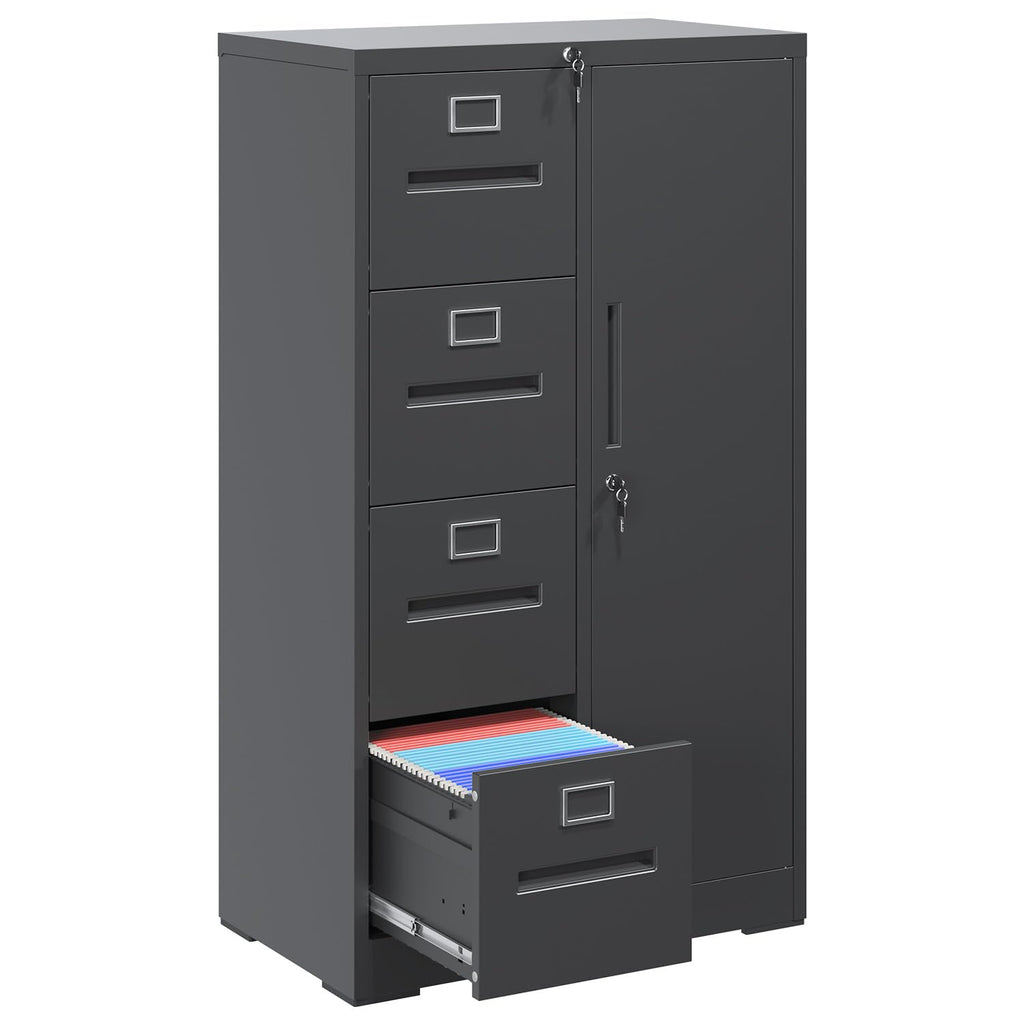 4 Drawer Vertical File Cabinet with Lock and Storage Shelves Black D94940