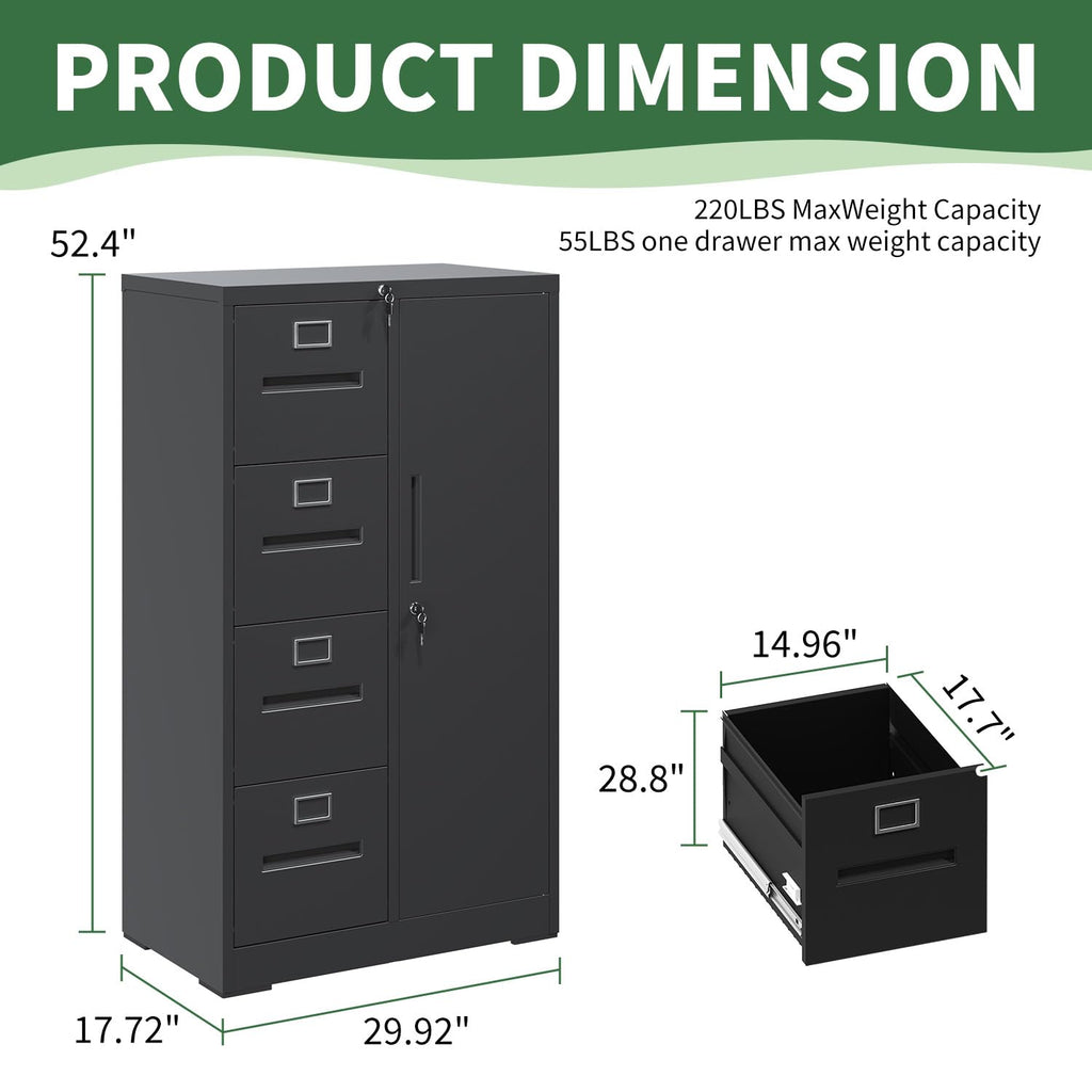 4 Drawer Vertical File Cabinet with Lock and Storage Shelves Black D94940