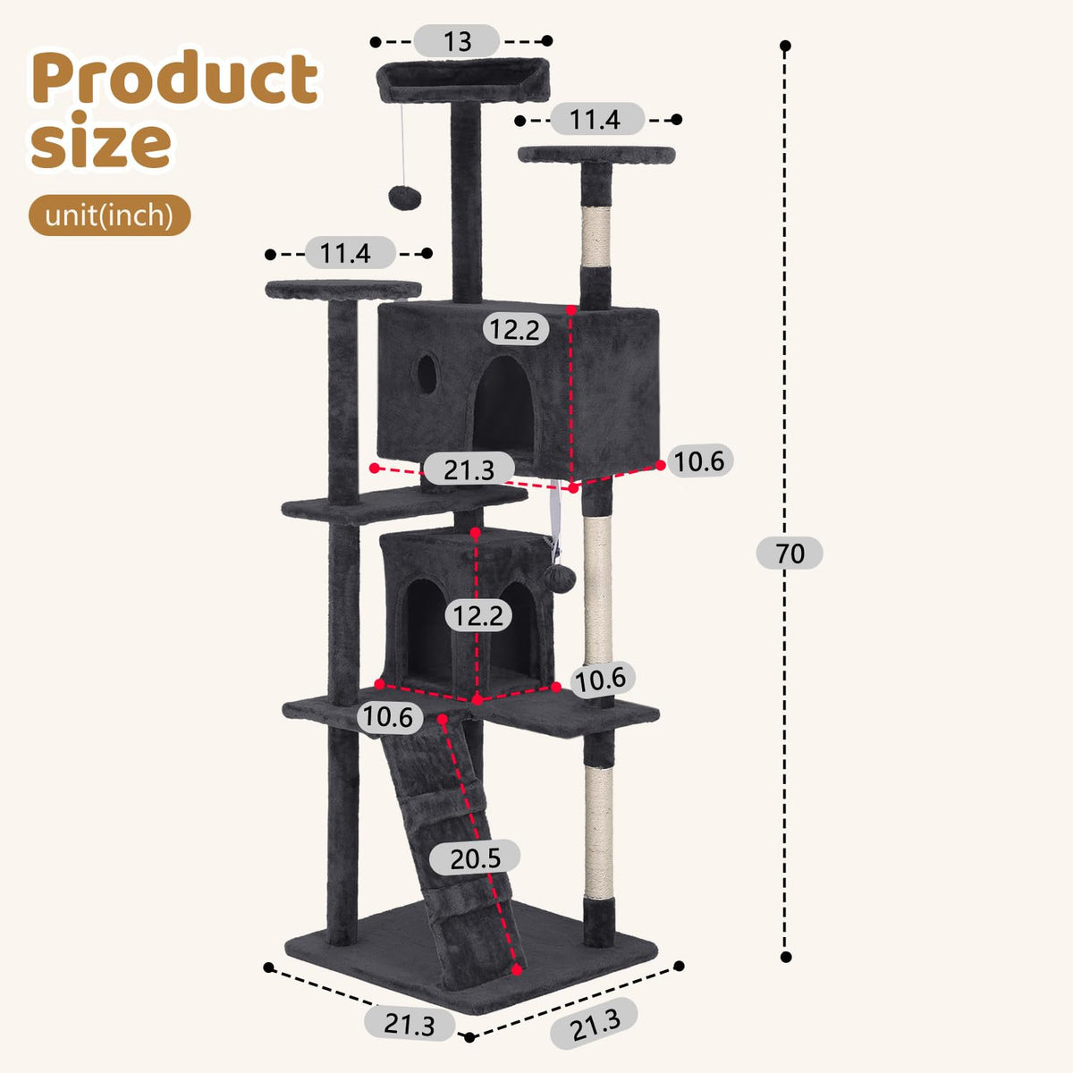70 Inch Dark Gray Multi-Level Cat Tree with Condo P72227