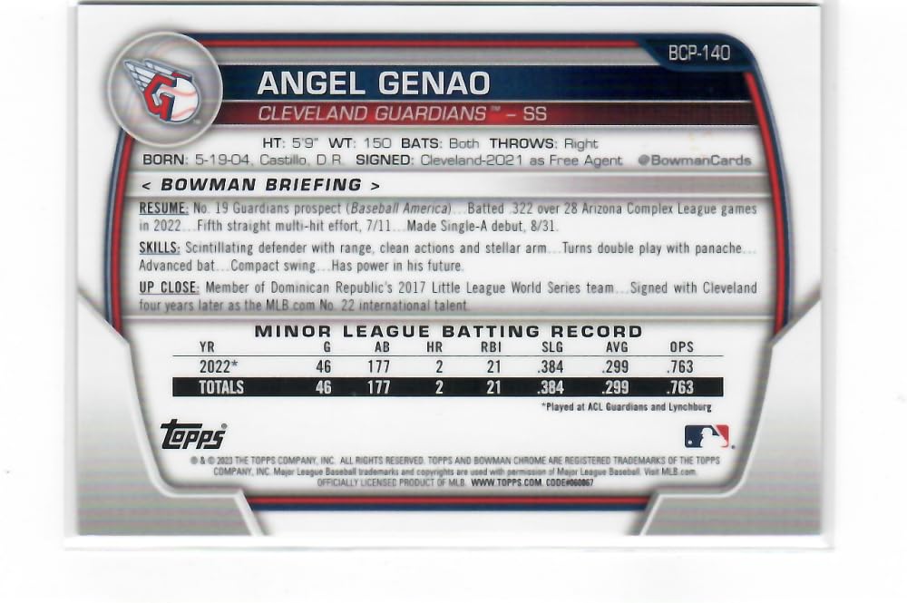 2023 Bowman Chrome Mega Box Prospects Mojo Refractor Purple #BCP-140 Angel Genao 1st Bowman /250 Cleveland Guardians Baseball NM-MT H802
