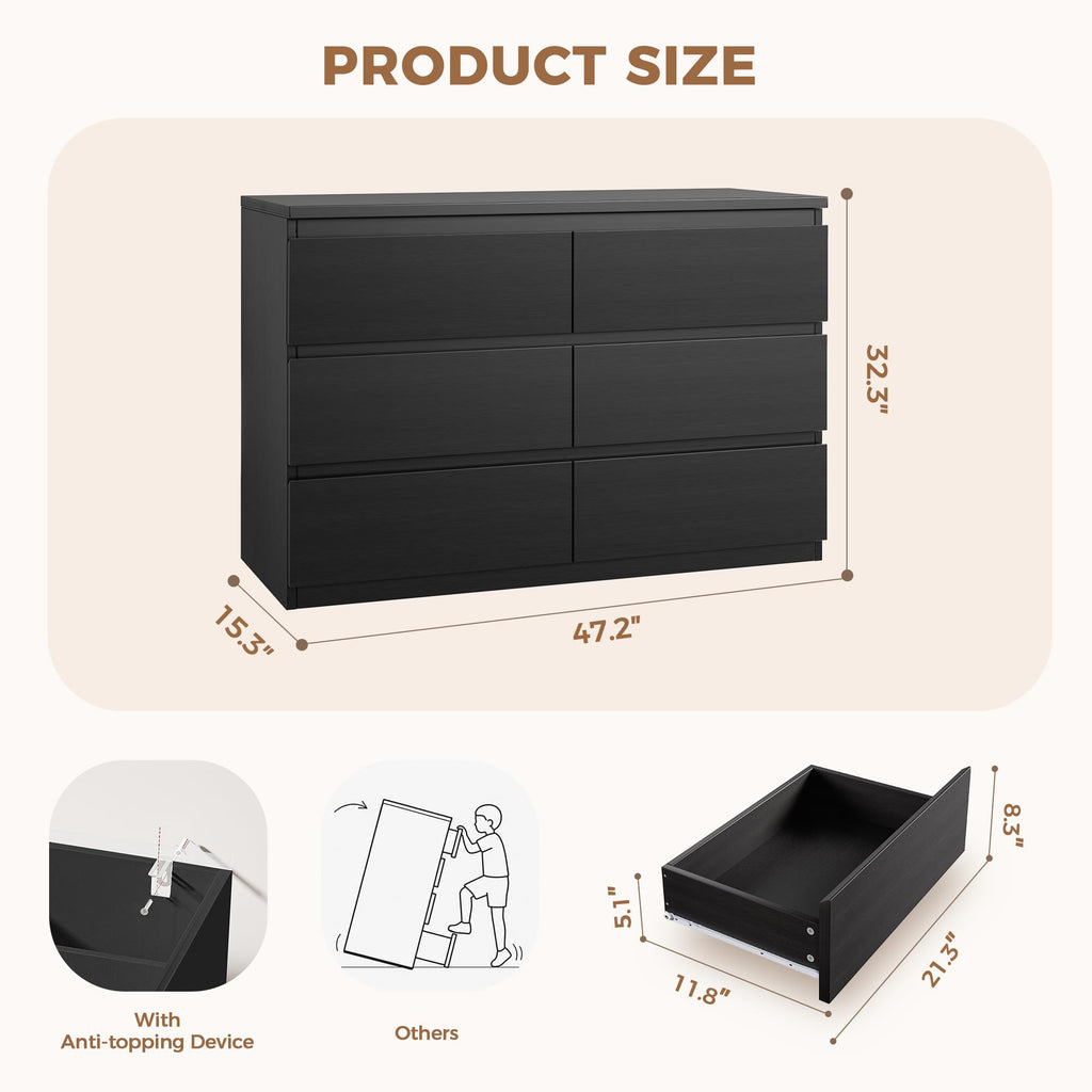 Black 6 Drawer Wood Double Dresser N96968