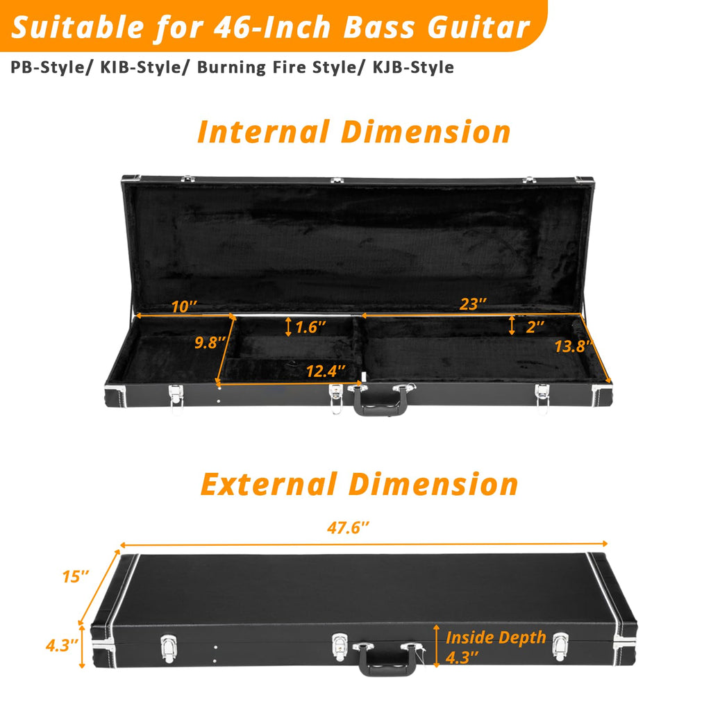 Black Bass Guitar Hard Case with Lock Latch and Soft Padding O65035