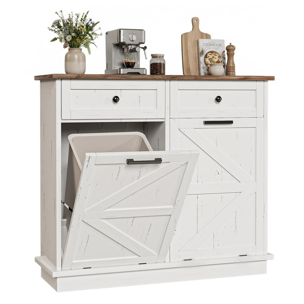 Brown White Double Tilt Out Trash Cabinet with Drawers G62988