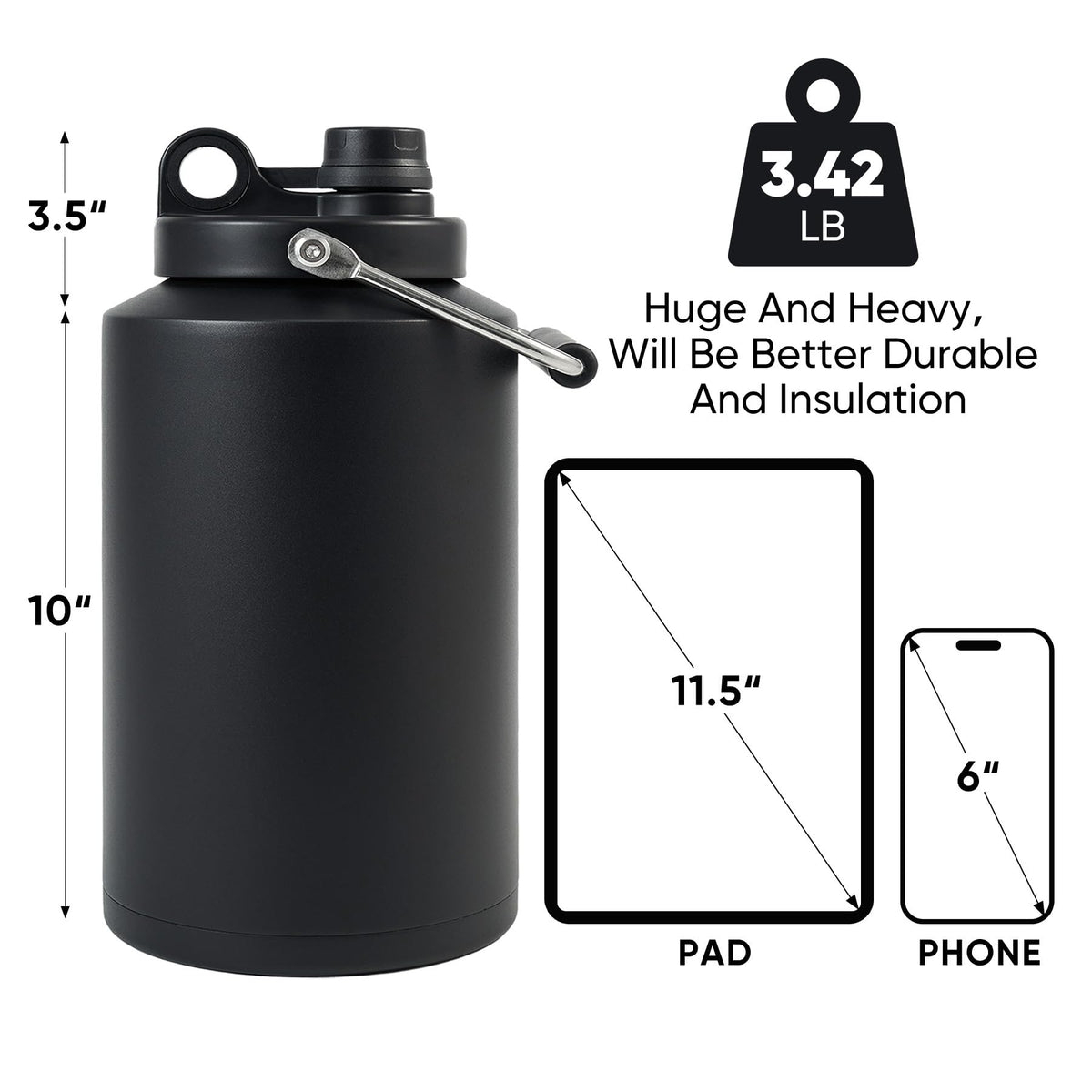 One Gallon 128oz Stainless Steel Insulated Water Bottle with Handle, Black E605969