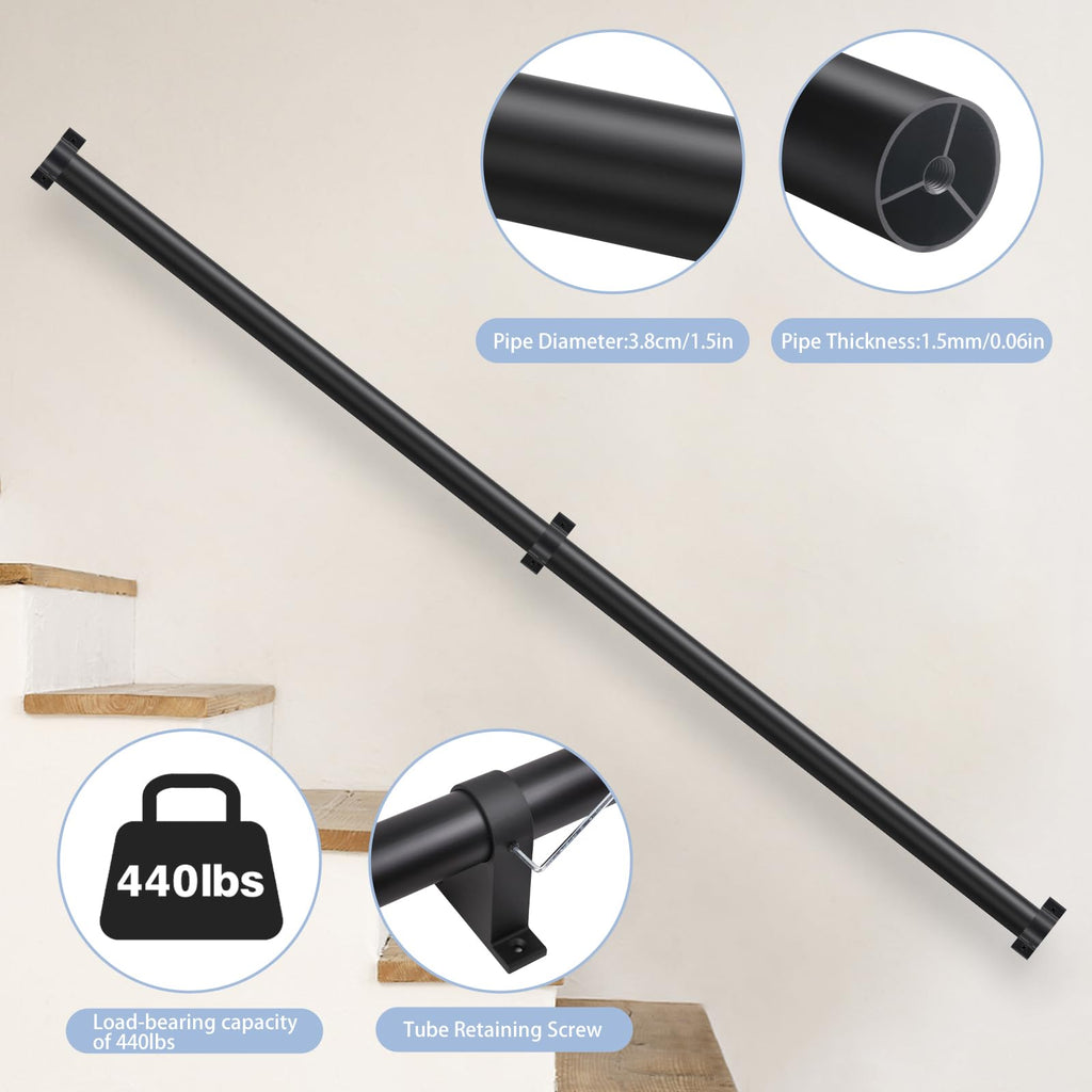 Black Aluminum 1.5" Pipe Stair Handrail 5ft H972758