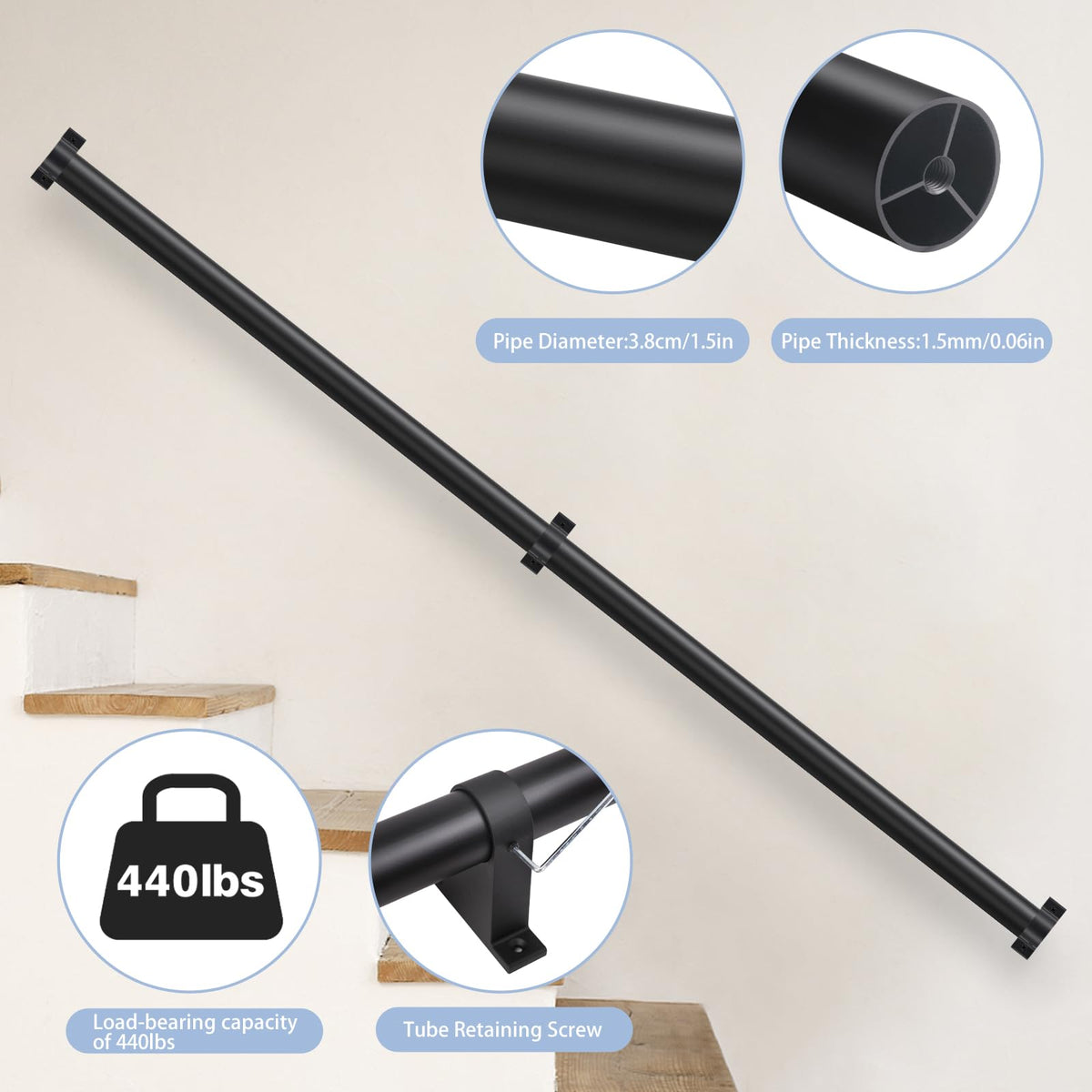 Black Aluminum 1.5" Pipe Stair Handrail 5ft H972758