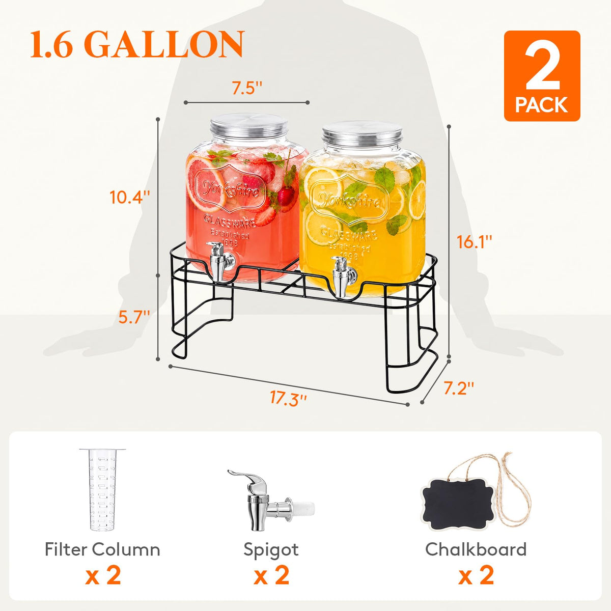 1.6 Gallon Glass Drink Dispenser with Stand & Fruit Infuser 2 Pcs U372