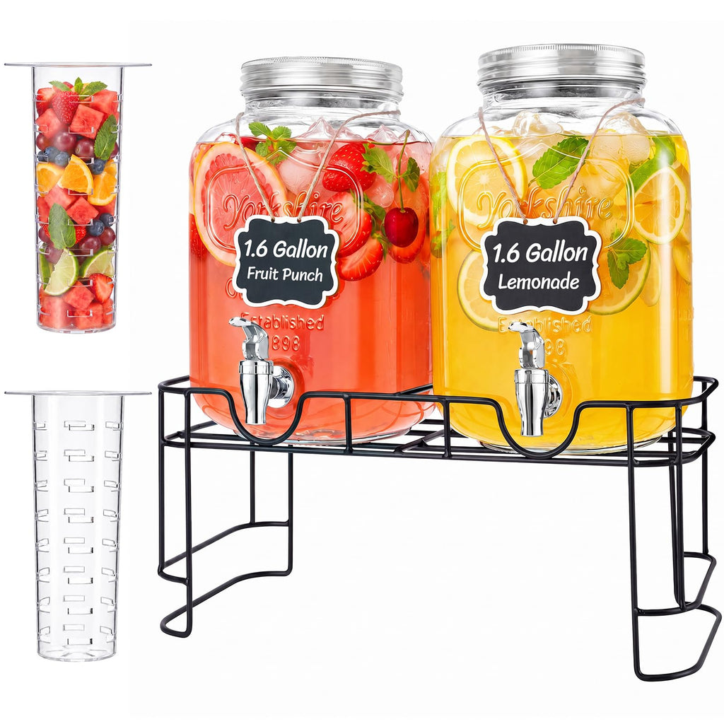 1.6 Gallon Glass Drink Dispenser with Stand & Fruit Infuser 2 Pcs U372