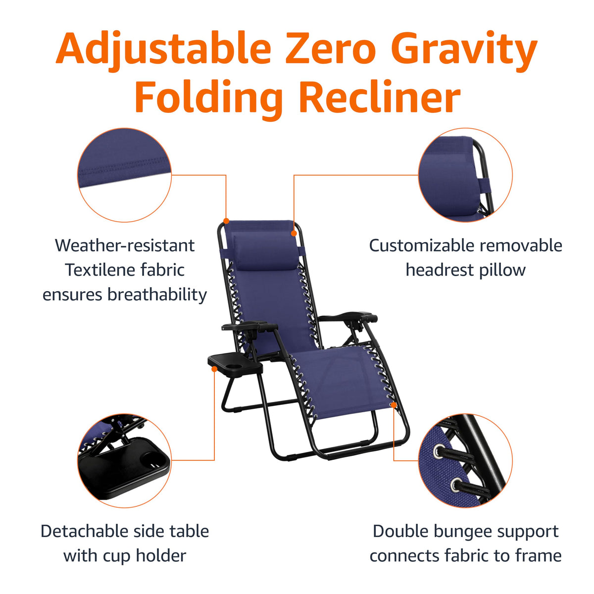 Blue Set of 2 Adjustable Zero Gravity Lounge Chair with Cup Holder T4319