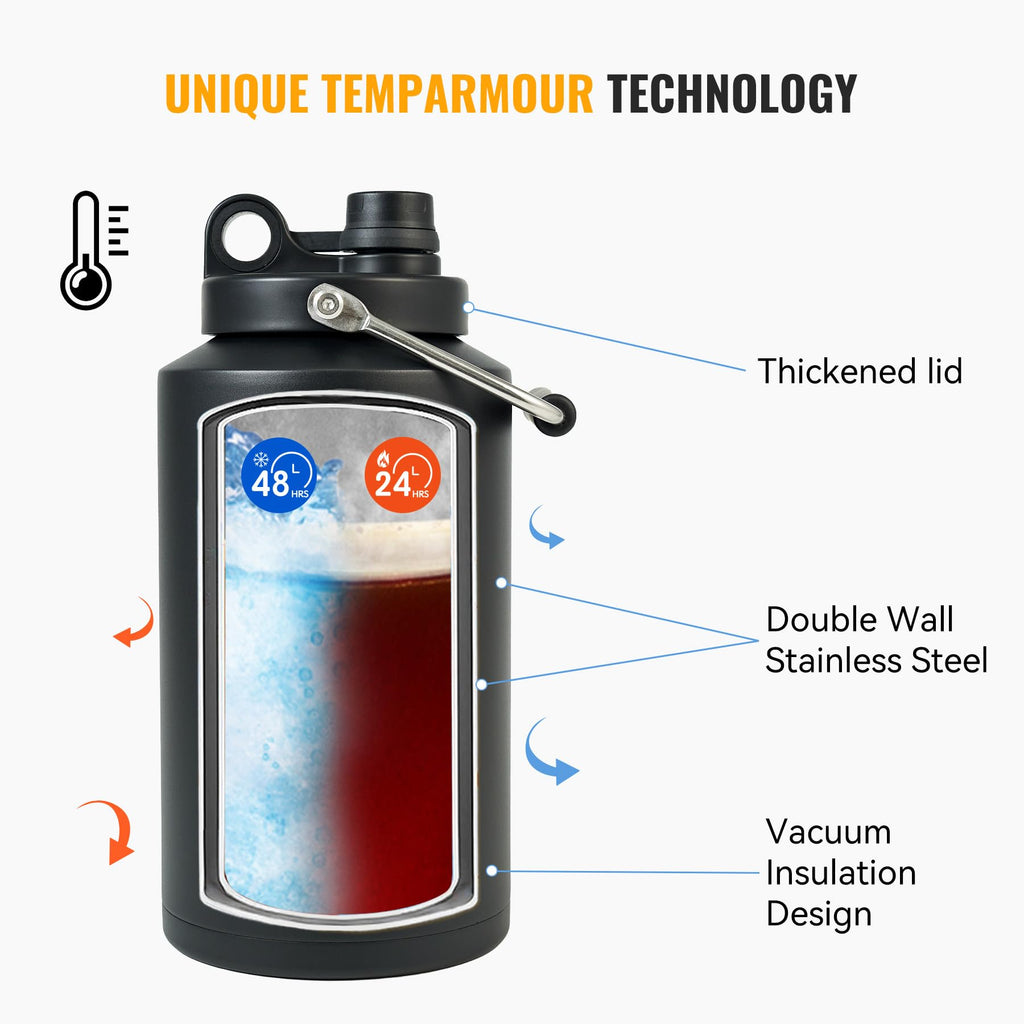 One Gallon 128oz Stainless Steel Insulated Water Bottle with Handle, Black E605969