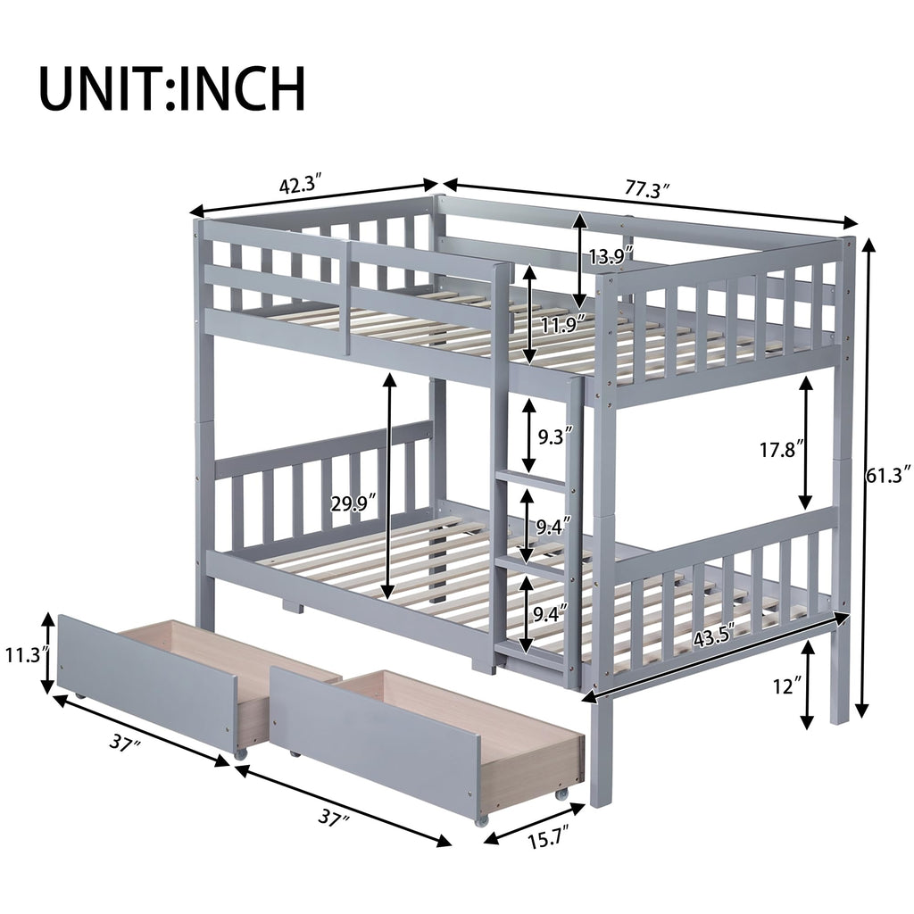 Twin Over Twin Bunk Bed with Storage Drawers Grey K3333