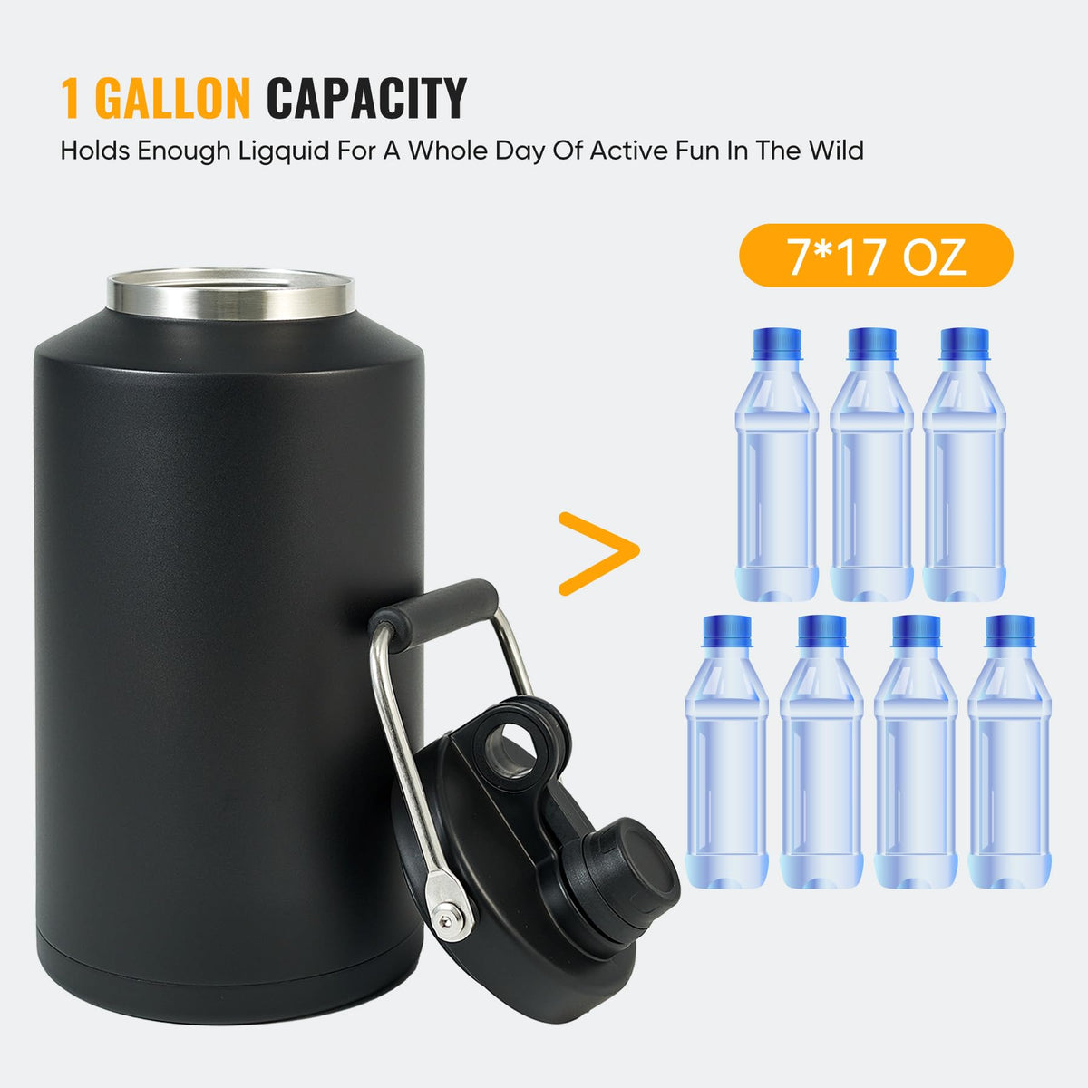 One Gallon 128oz Stainless Steel Insulated Water Bottle with Handle, Black E605969