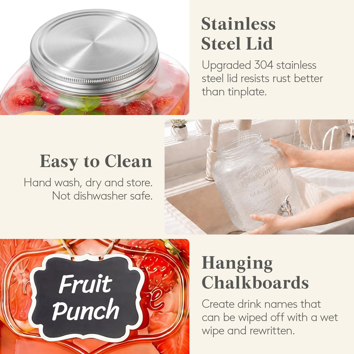 1.6 Gallon Glass Drink Dispenser with Stand & Fruit Infuser 2 Pcs U372