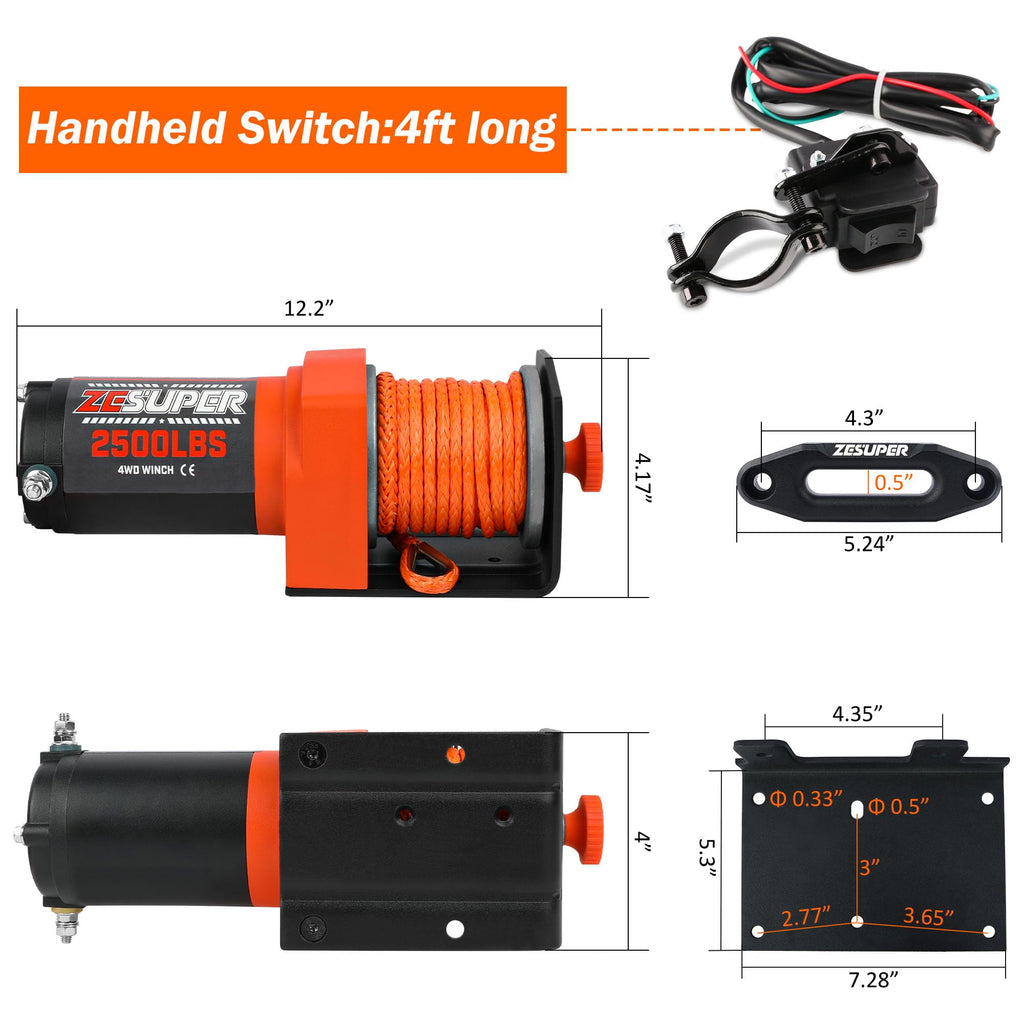2500 lb Electric Winch 30ft Synthetic Rope 12V DC M7198