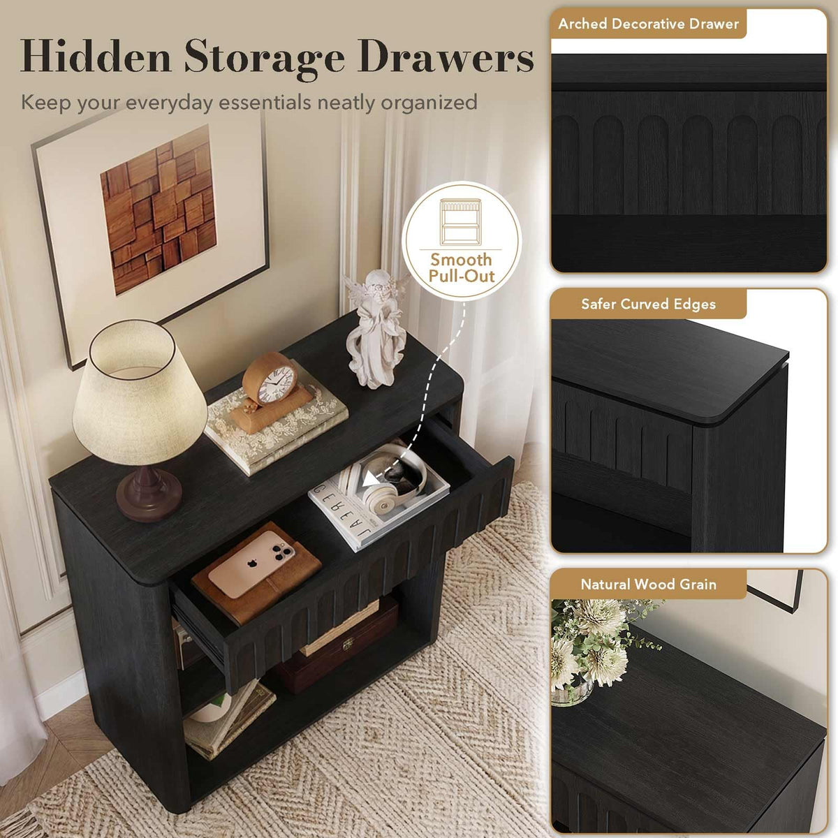 Black Wood Grain Console Table and 3 Tier Bookshelf Set N6045