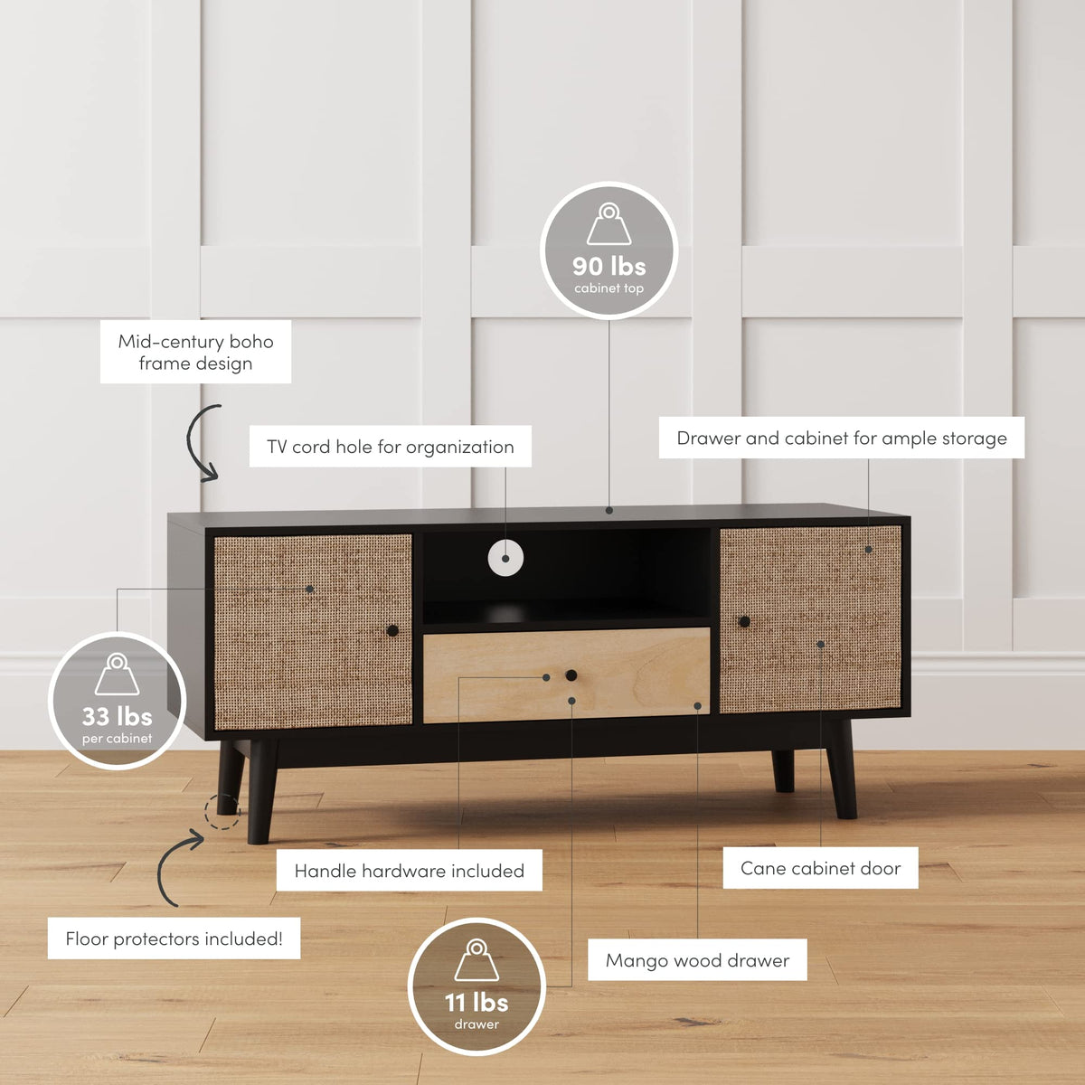 Black Oak Rattan TV Stand with Storage Doors G579