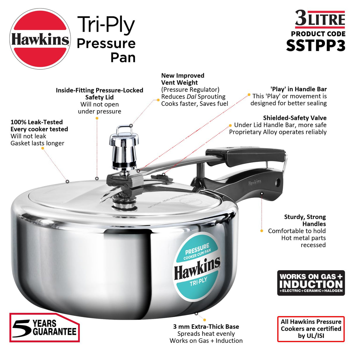 3 Litre Tri-Ply Stainless Steel Pressure Cooker O7342