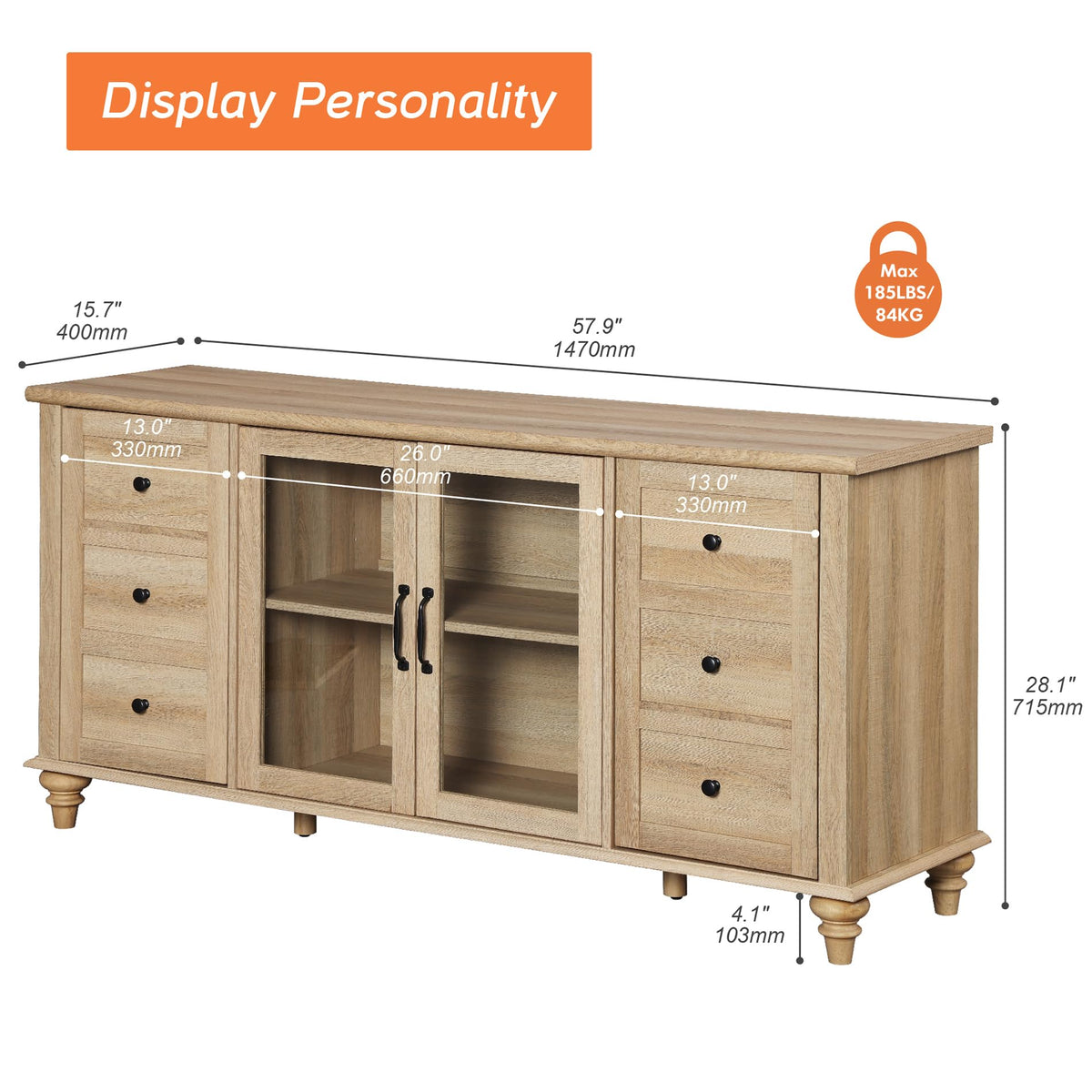 Wood TV Stand for 65 Inch TV with Glass Door D565715