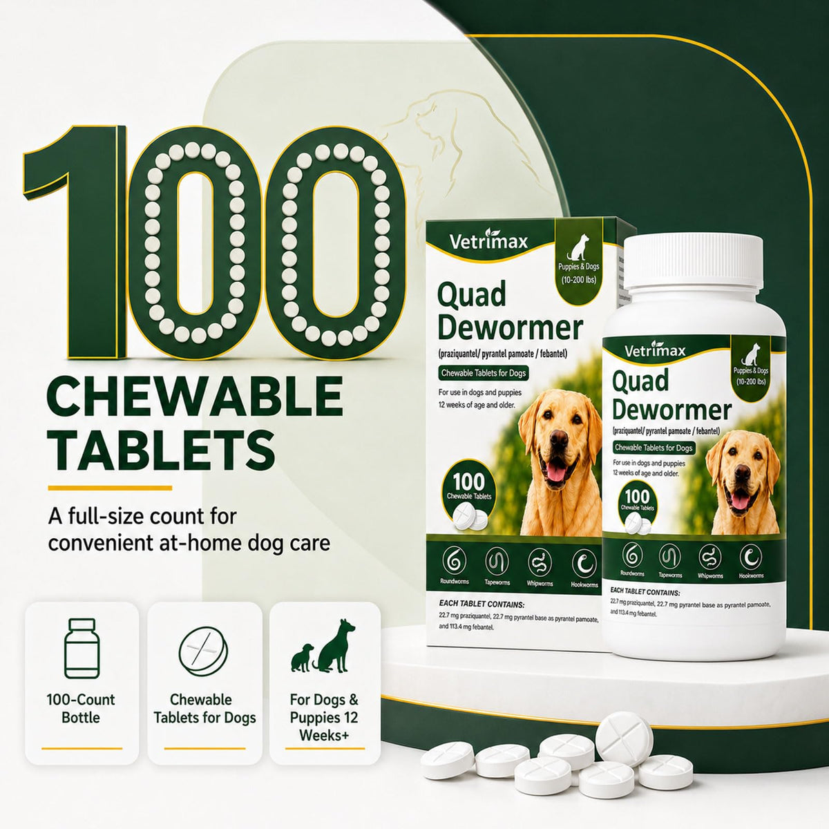 Dewormer for Dogs, 4-Way Wormer, 100 Count B93941