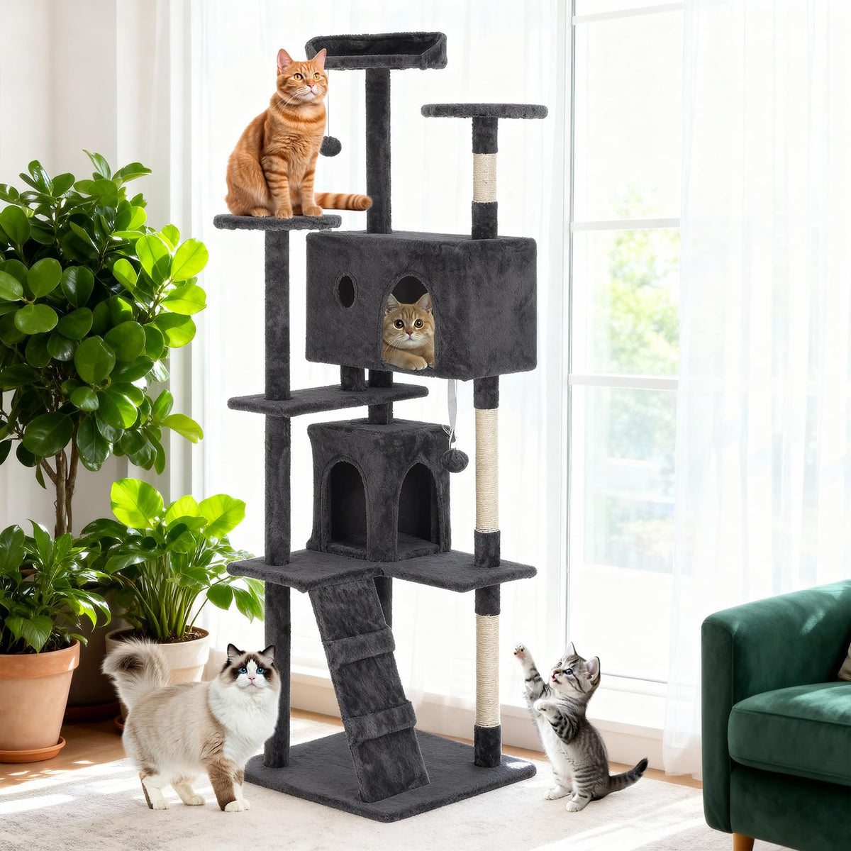 70 Inch Dark Gray Multi-Level Cat Tree with Condo P72227