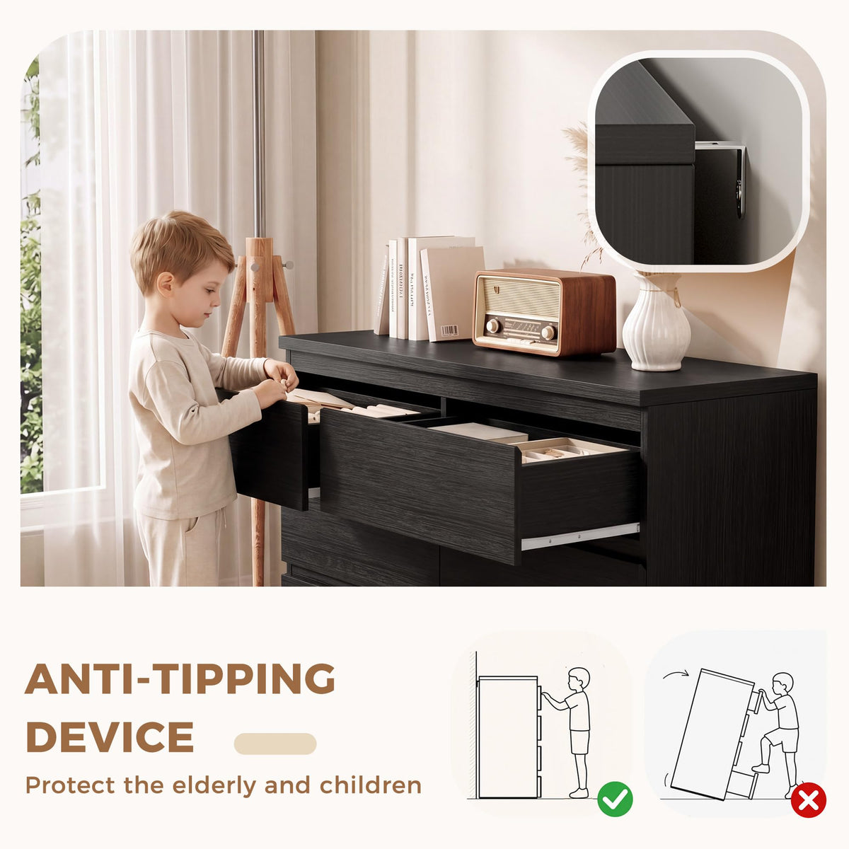 Black 6 Drawer Wood Double Dresser N96968
