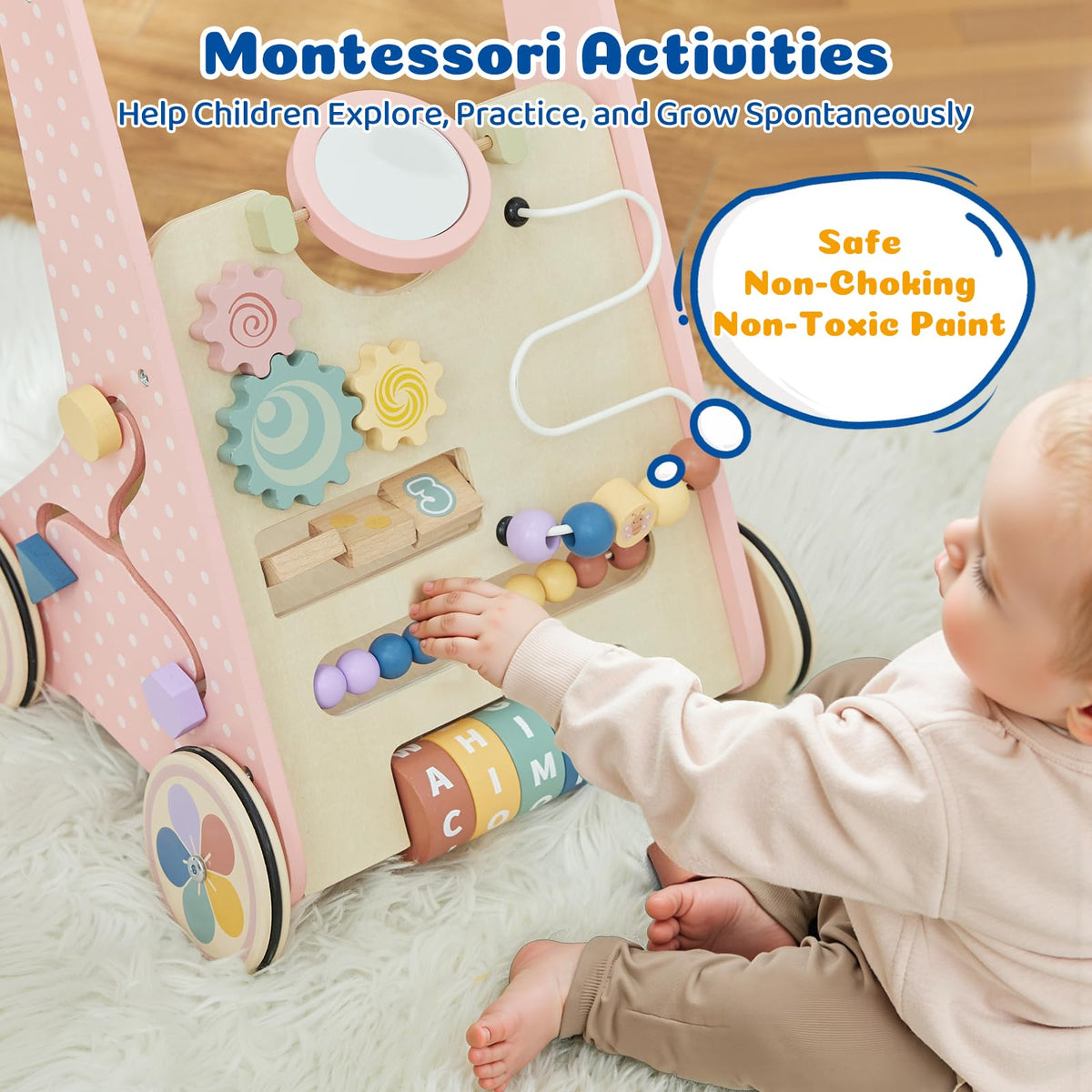 Pink Wooden Baby Walker W27336