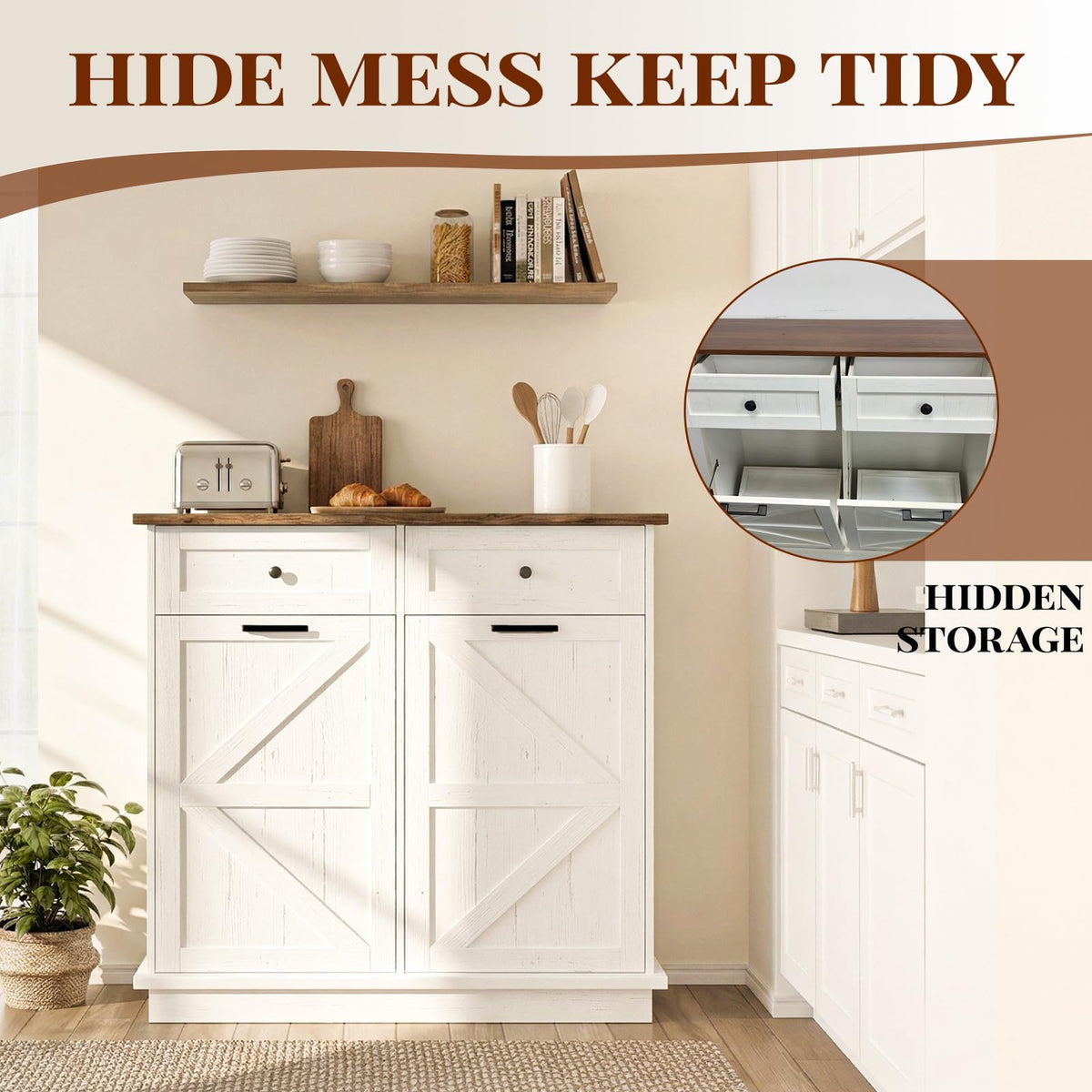 Brown White Double Tilt Out Trash Cabinet with Drawers G62988
