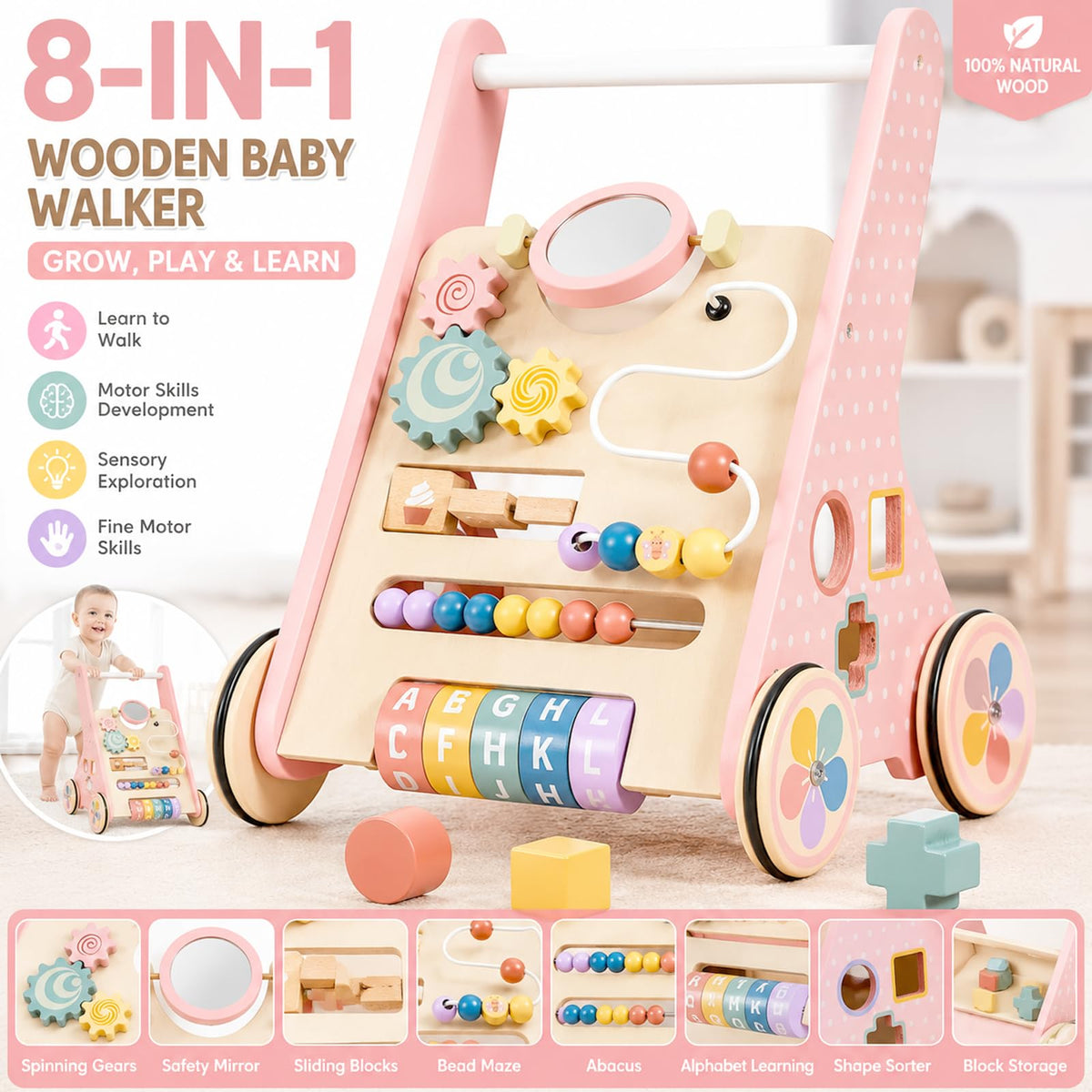 Pink Wooden Baby Walker W27336