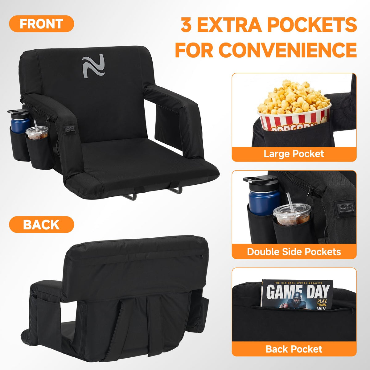 Wide Heated Stadium Seat with Back Support & Cushion O39299