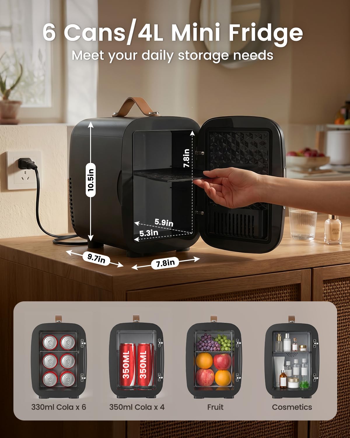 Portable Mini Fridge 4L 6 Can Black C660