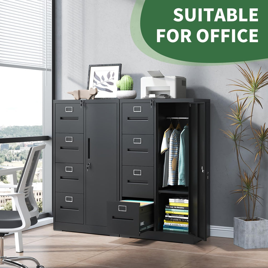 4 Drawer Vertical File Cabinet with Lock and Storage Shelves Black D94940
