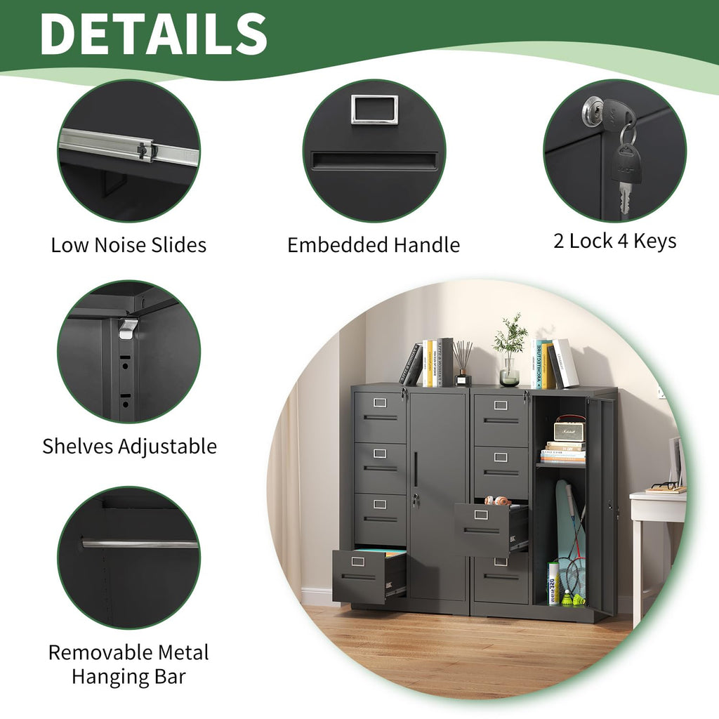 4 Drawer Vertical File Cabinet with Lock and Storage Shelves Black D94940