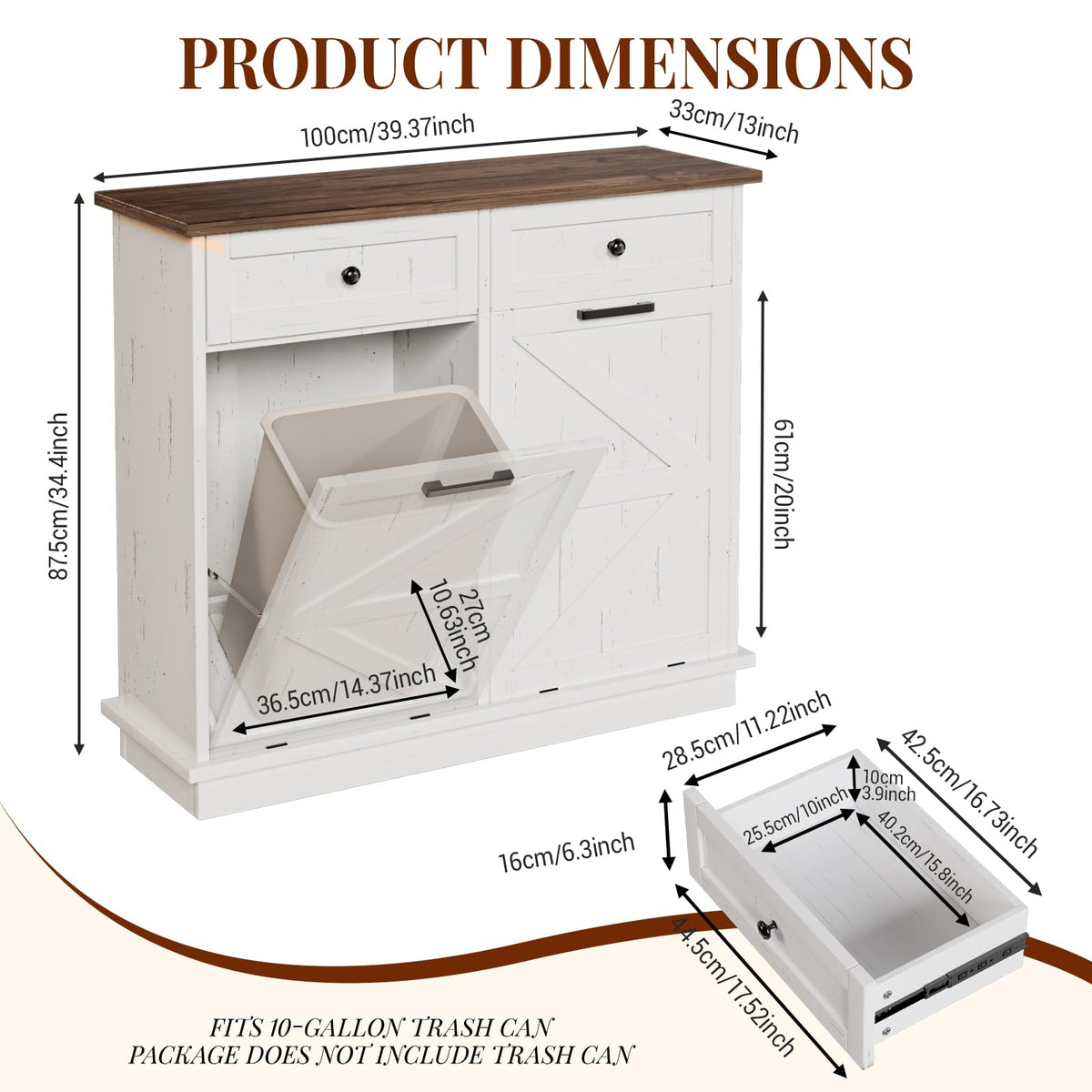 Brown White Double Tilt Out Trash Cabinet with Drawers G62988