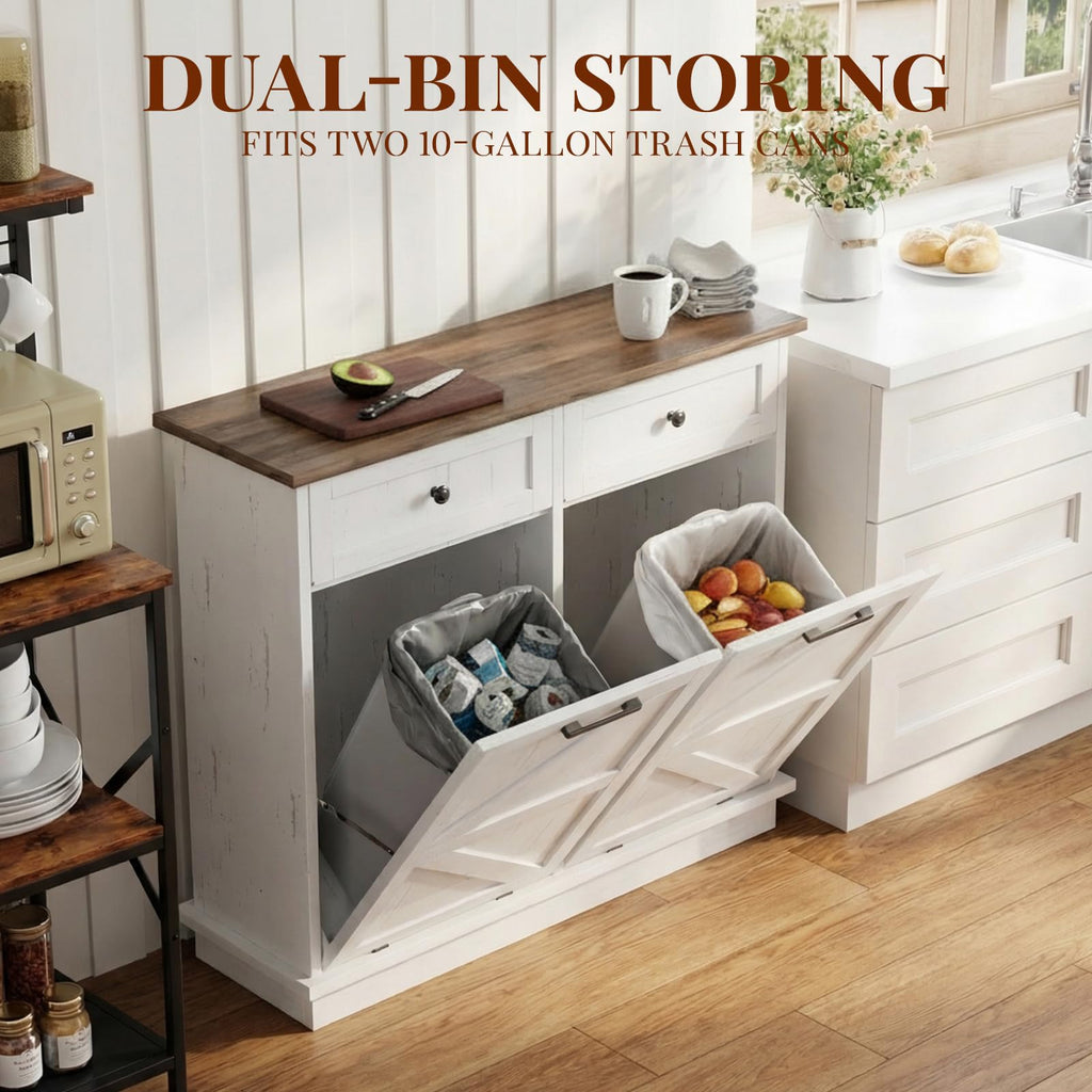 Brown White Double Tilt Out Trash Cabinet with Drawers G62988