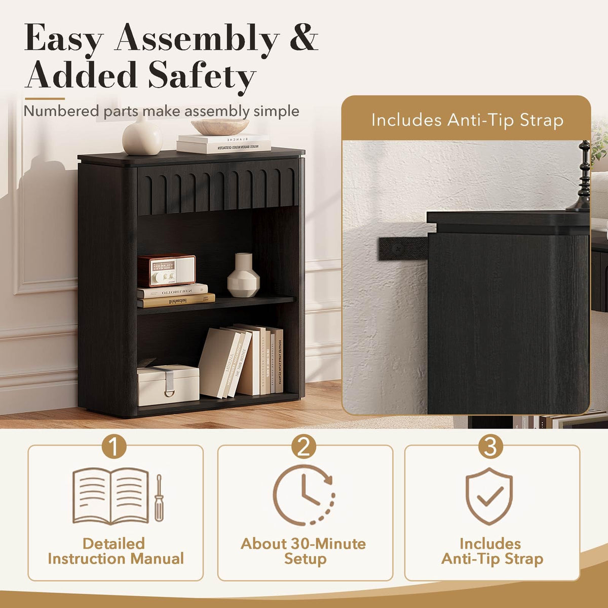Black Wood Grain Console Table and 3 Tier Bookshelf Set N6045