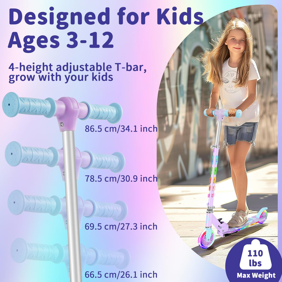 2 Wheel Folding Lightweight Kick Scooter with Light-Up Wheels V274056