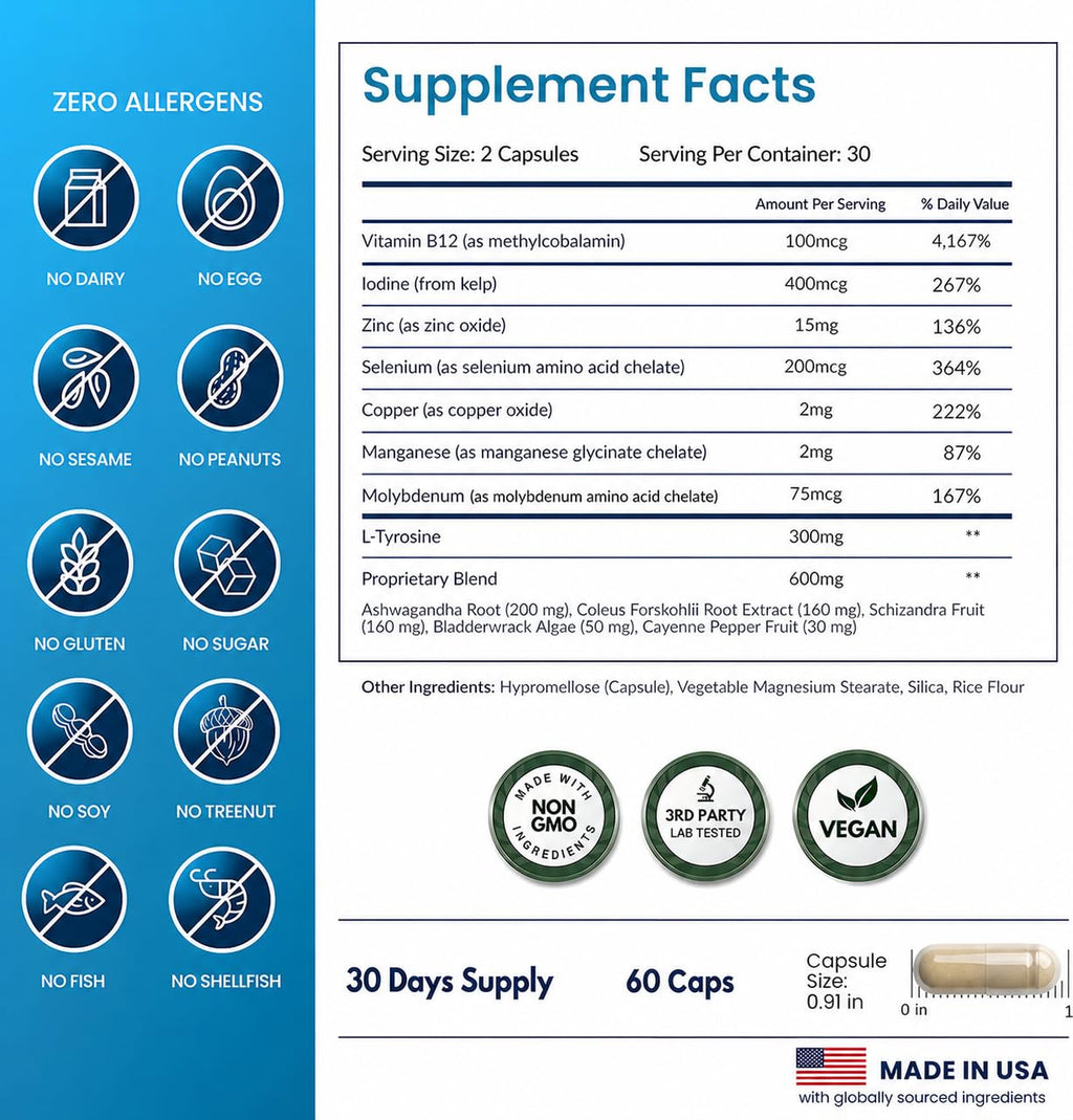 All Natural Thyroid Support Supplement with Iodine, B12, Zinc, Selenium, Ashwagandha - 60 Vegetarian Capsules O98440