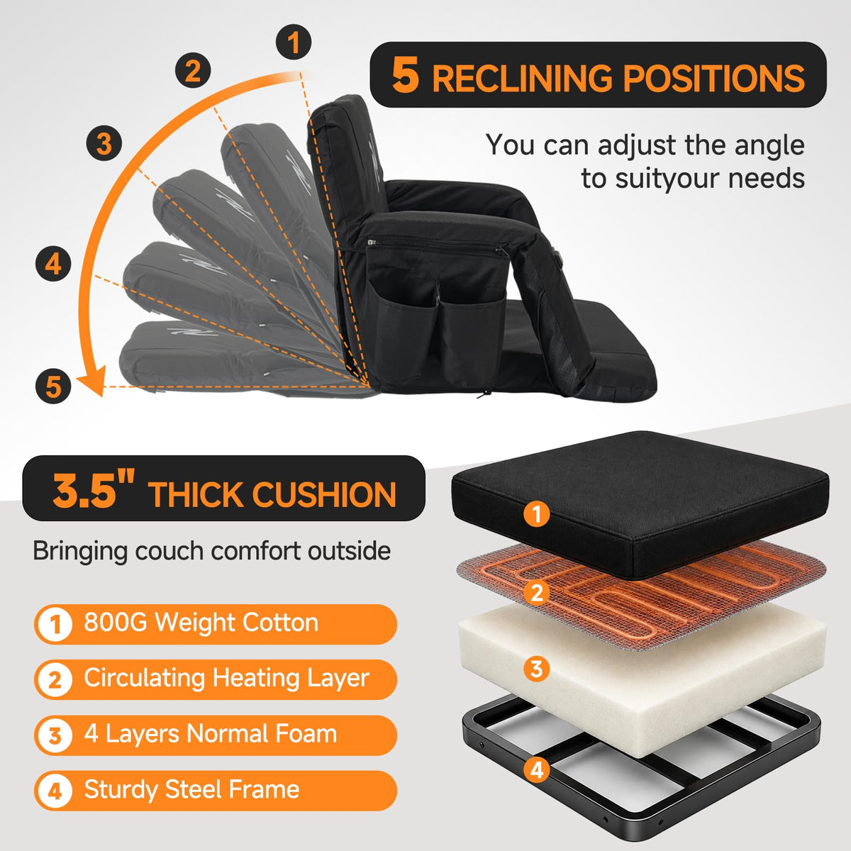 Wide Heated Stadium Seat with Back Support & Cushion O39299