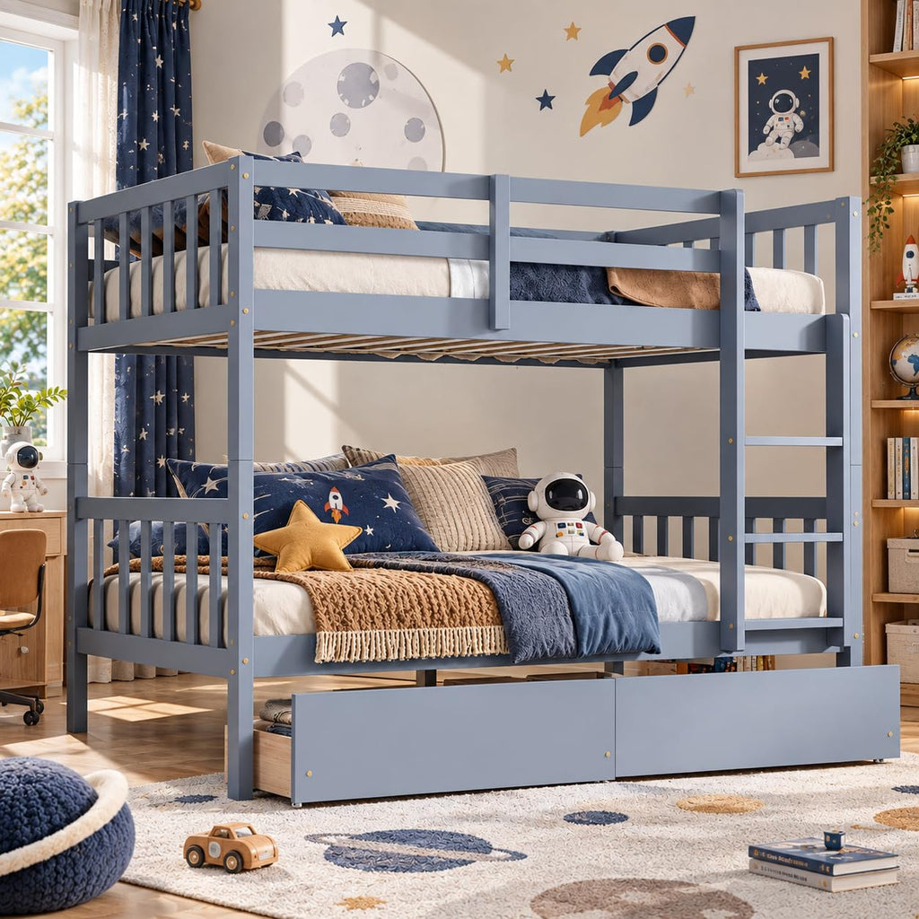 Twin Over Twin Bunk Bed with Storage Drawers Grey K3333