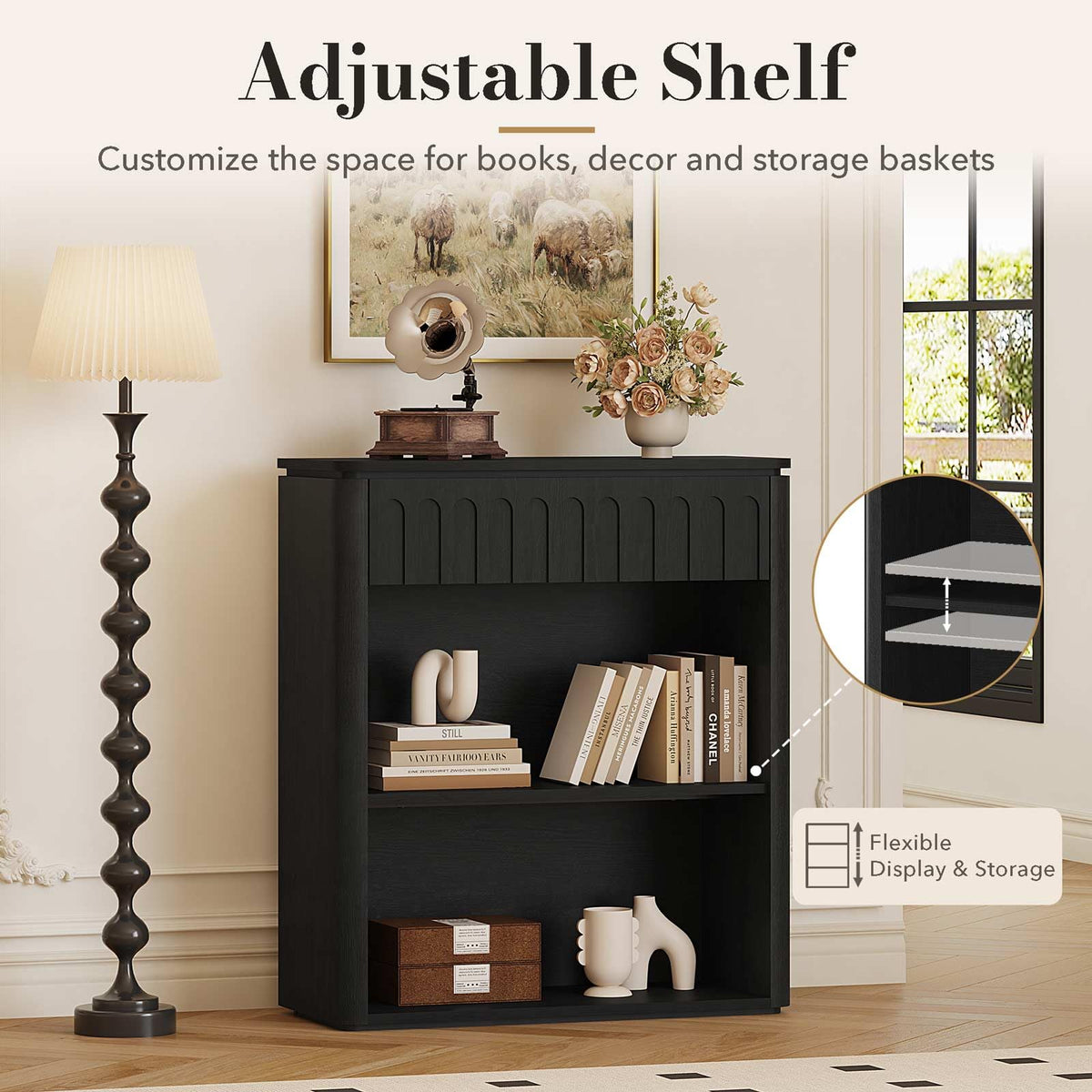 Black Wood Grain Console Table and 3 Tier Bookshelf Set N6045
