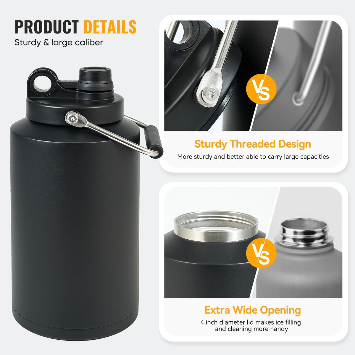 One Gallon 128oz Stainless Steel Insulated Water Bottle with Handle, Black E605969