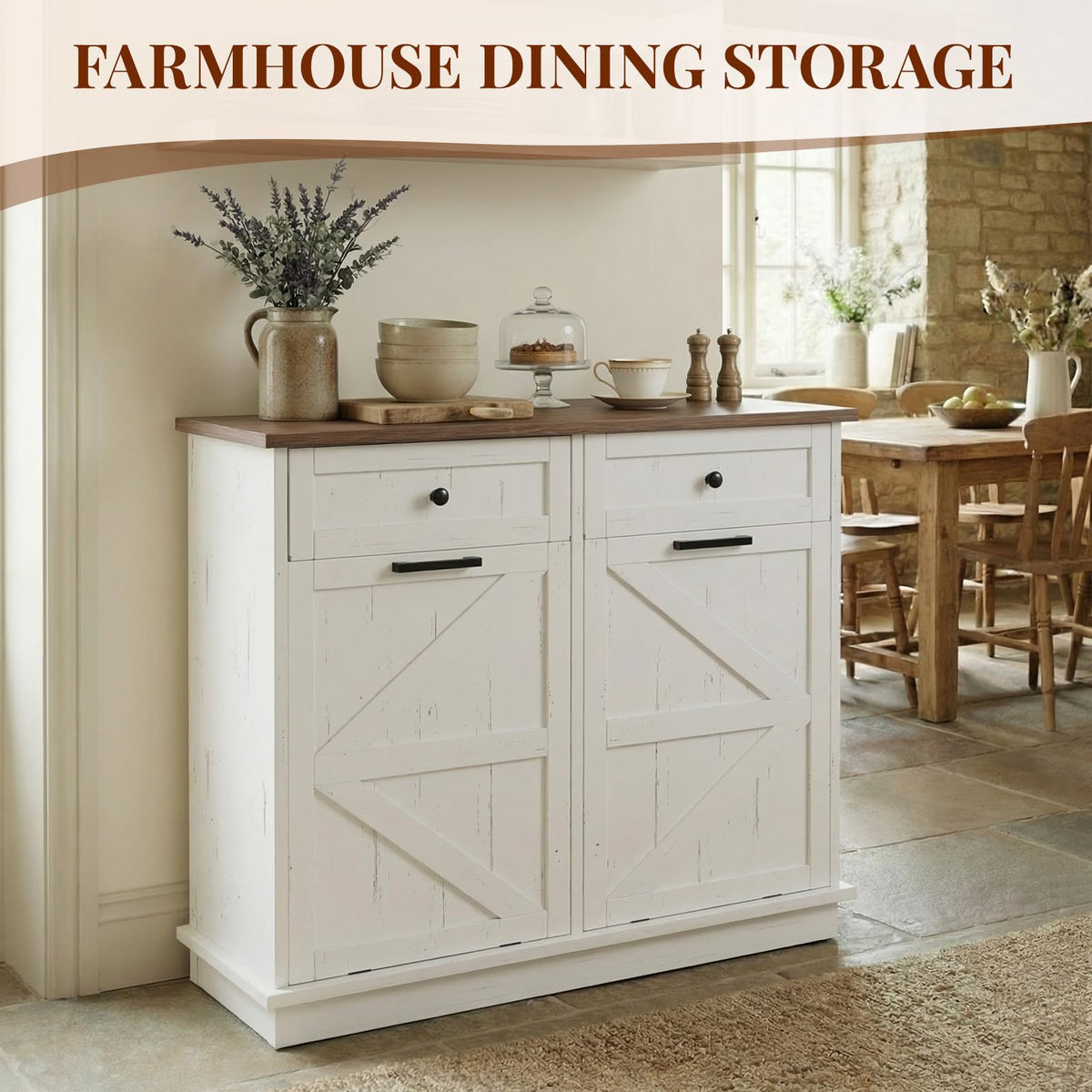 Brown White Double Tilt Out Trash Cabinet with Drawers G62988