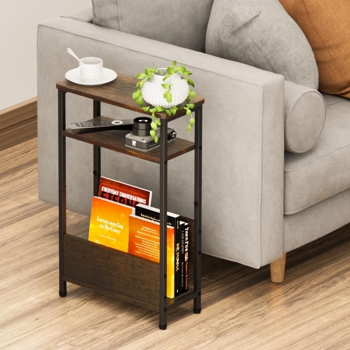 7.1" Narrow 3 Tier Side Table with Magazine Holder J123