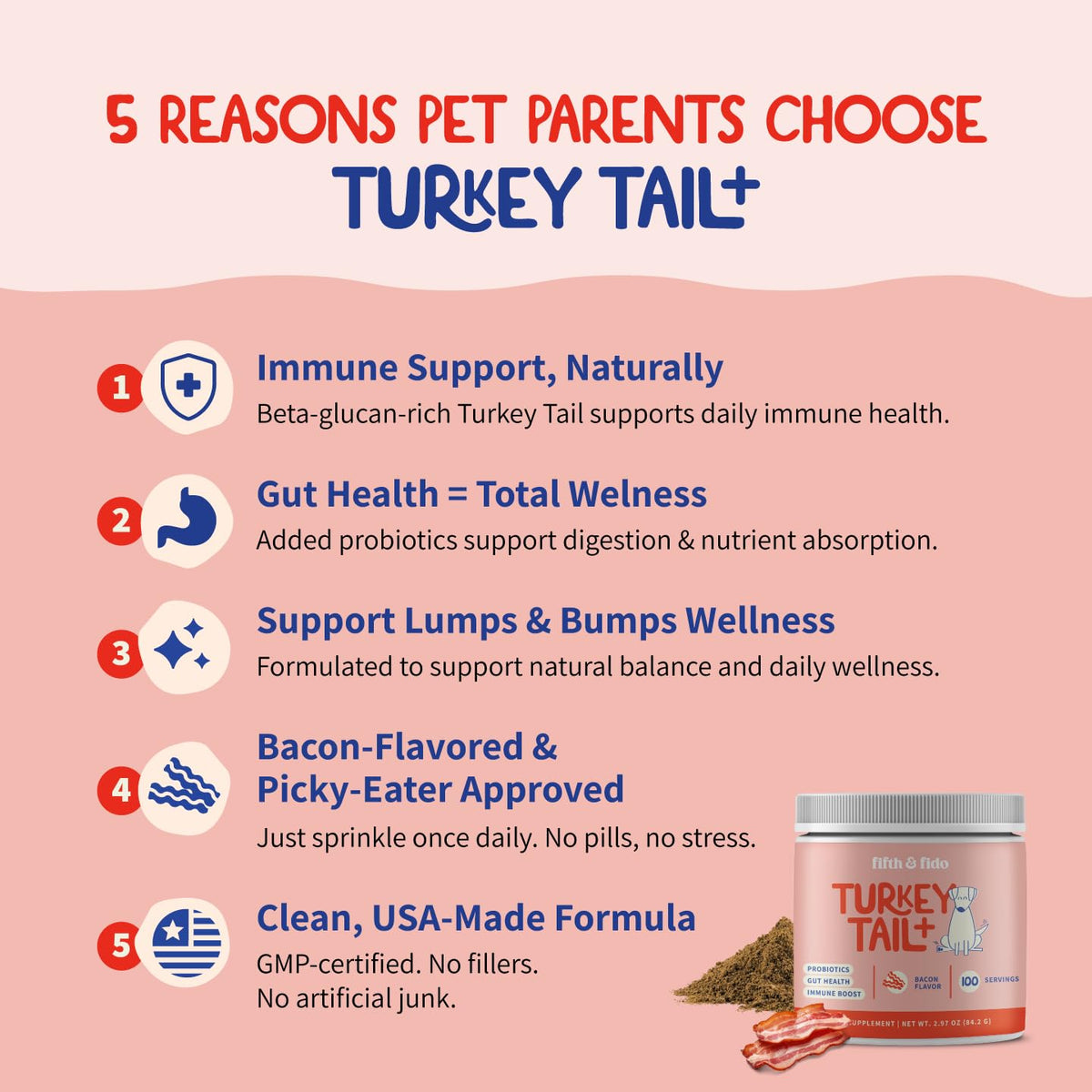 Turkey Tail Mushroom for Dogs Bacon Powder Probiotic T3781