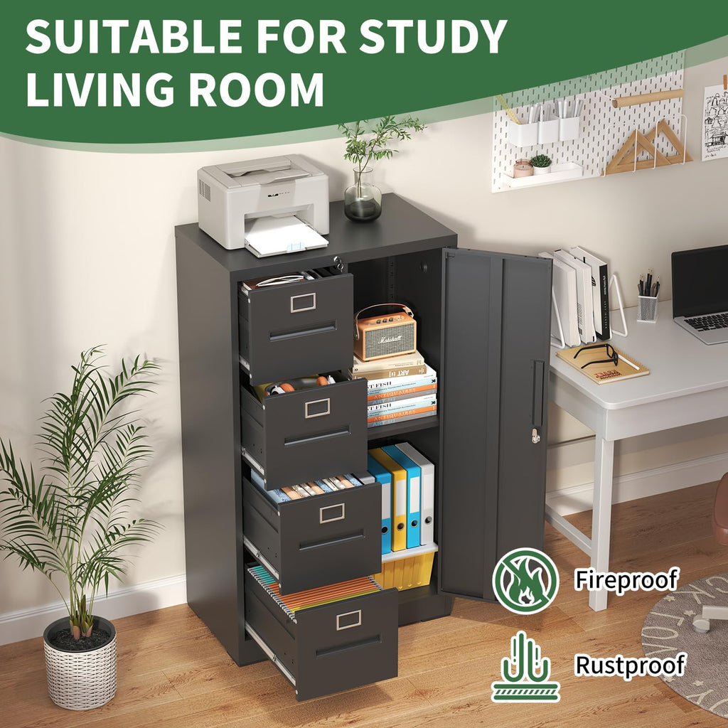 4 Drawer Vertical File Cabinet with Lock and Storage Shelves Black D94940