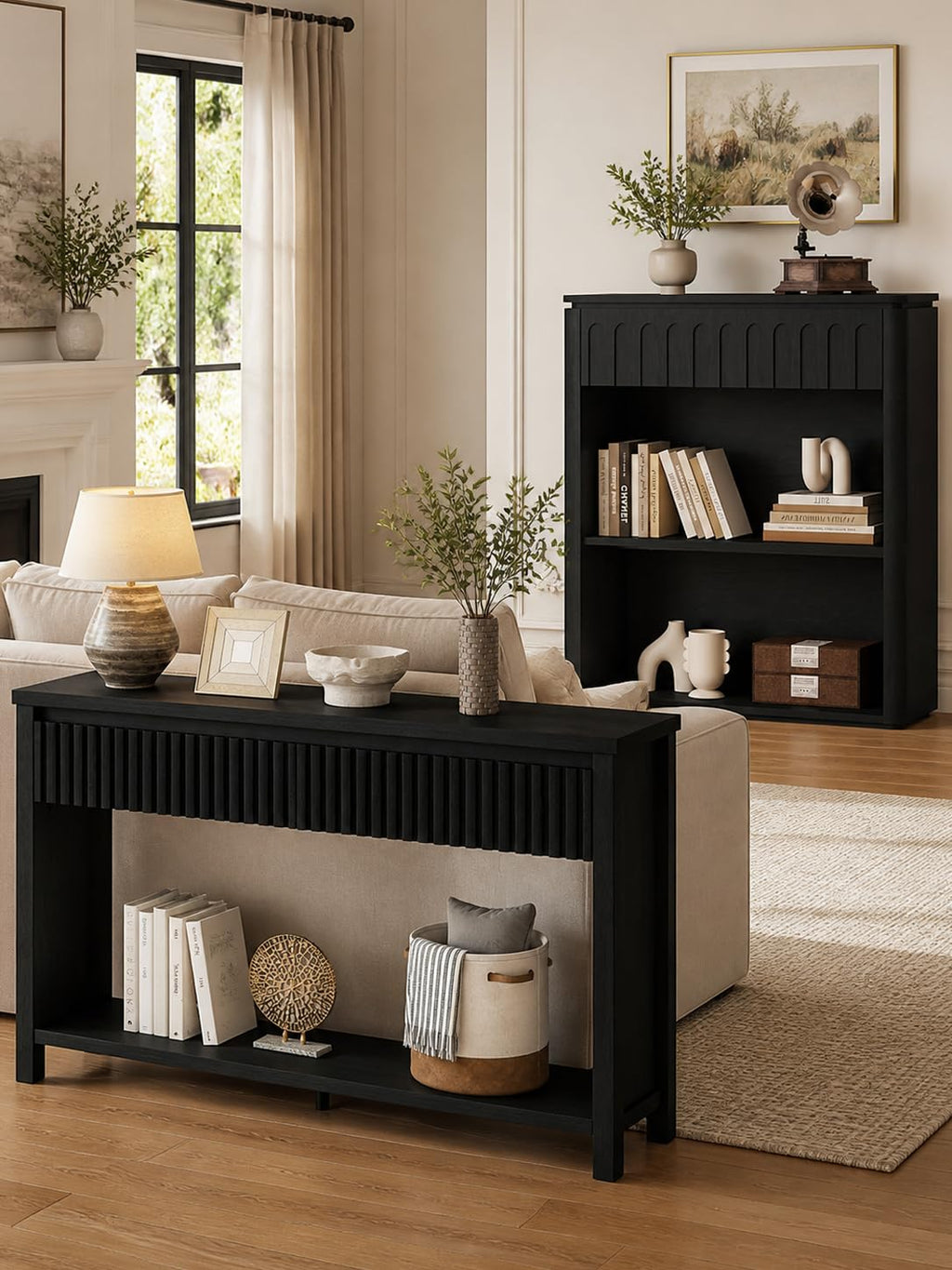 Black Wood Grain Console Table and 3 Tier Bookshelf Set N6045