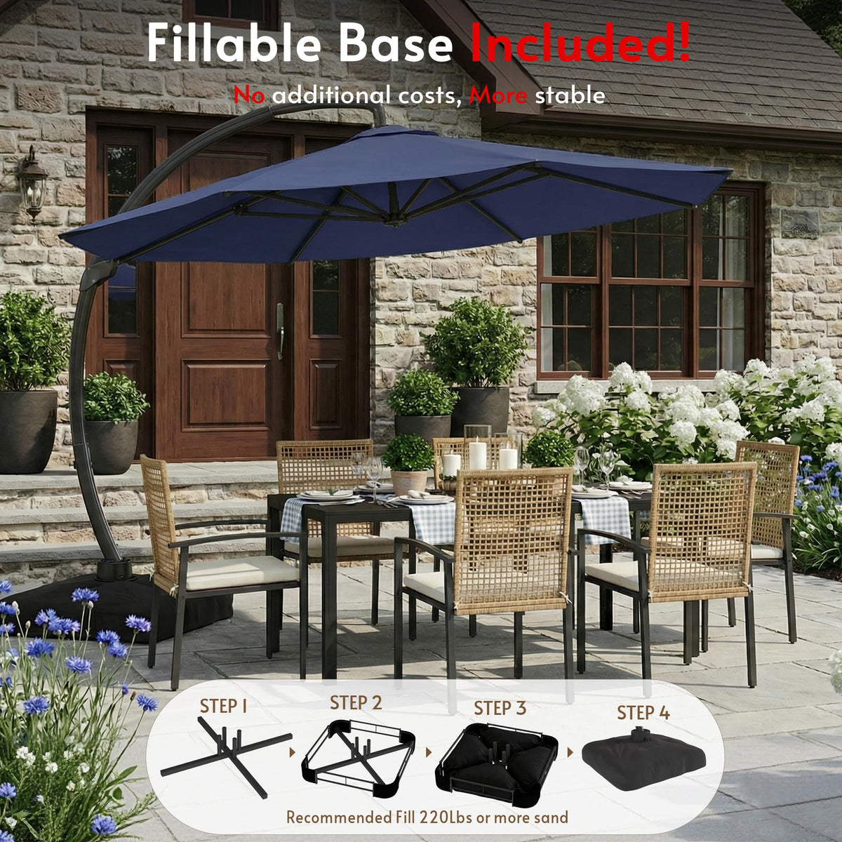 12FT Navy Blue Cantilever Patio Umbrella with Base R6089