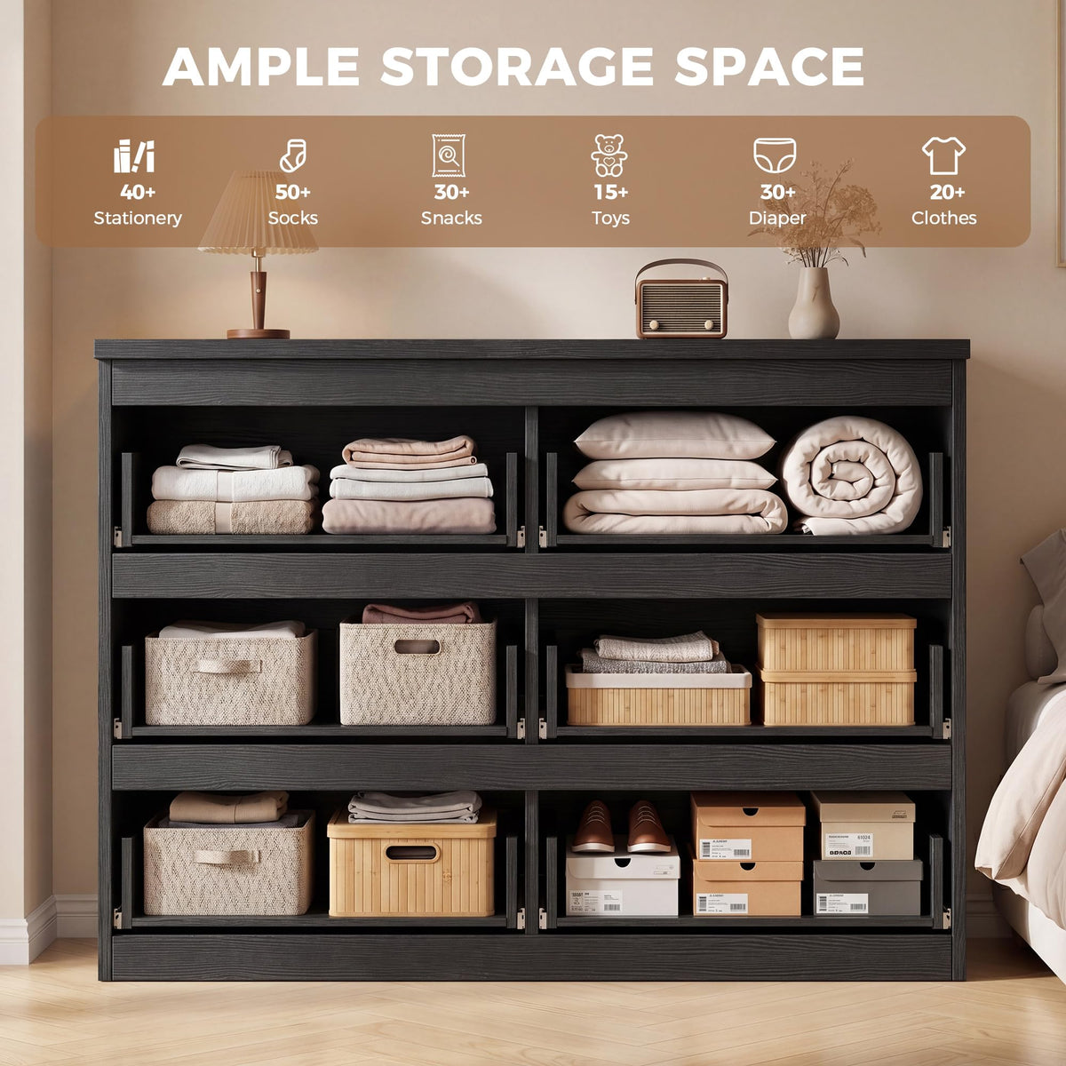 Black 6 Drawer Wood Double Dresser N96968
