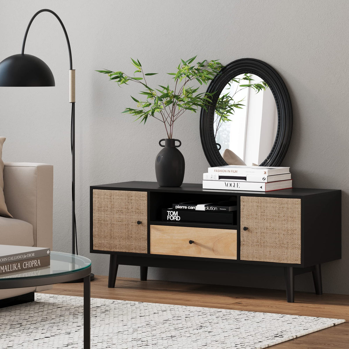 Black Oak Rattan TV Stand with Storage Doors G579