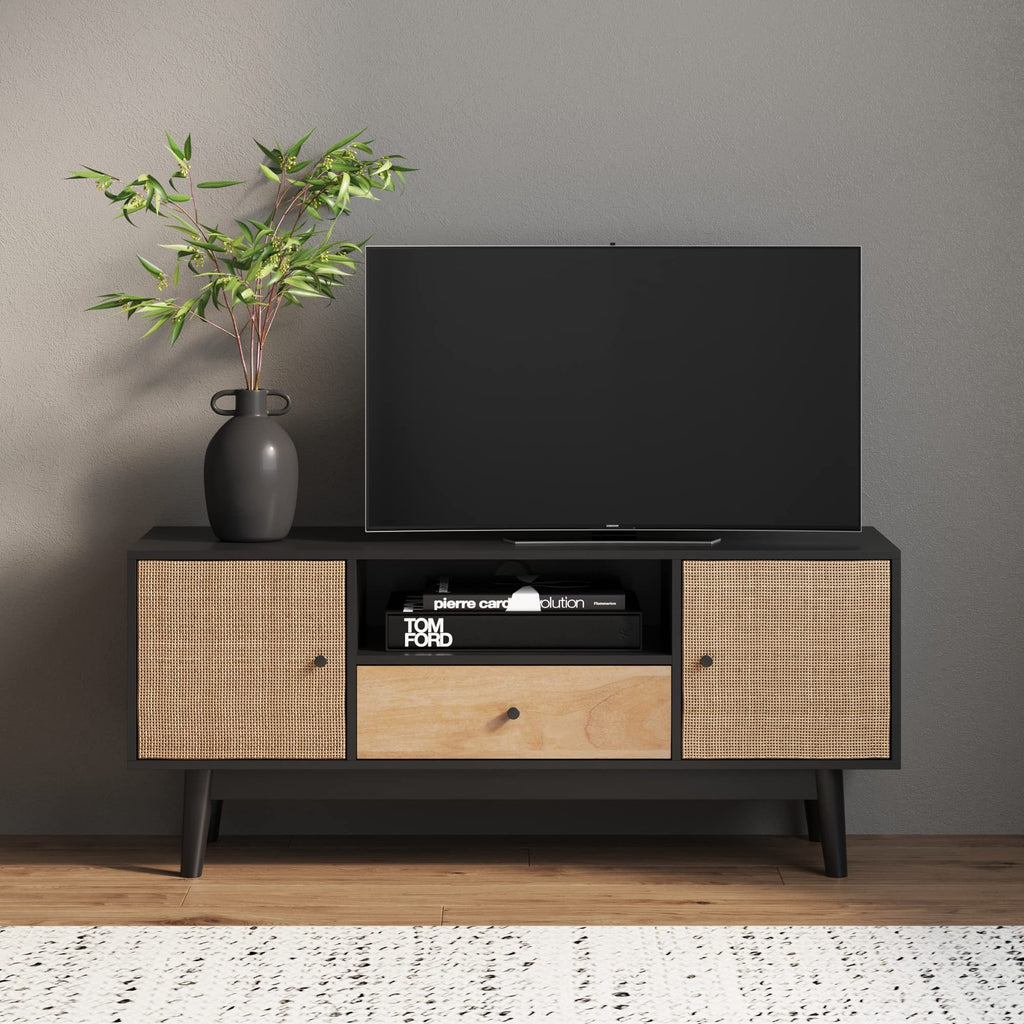 Black Oak Rattan TV Stand with Storage Doors G579